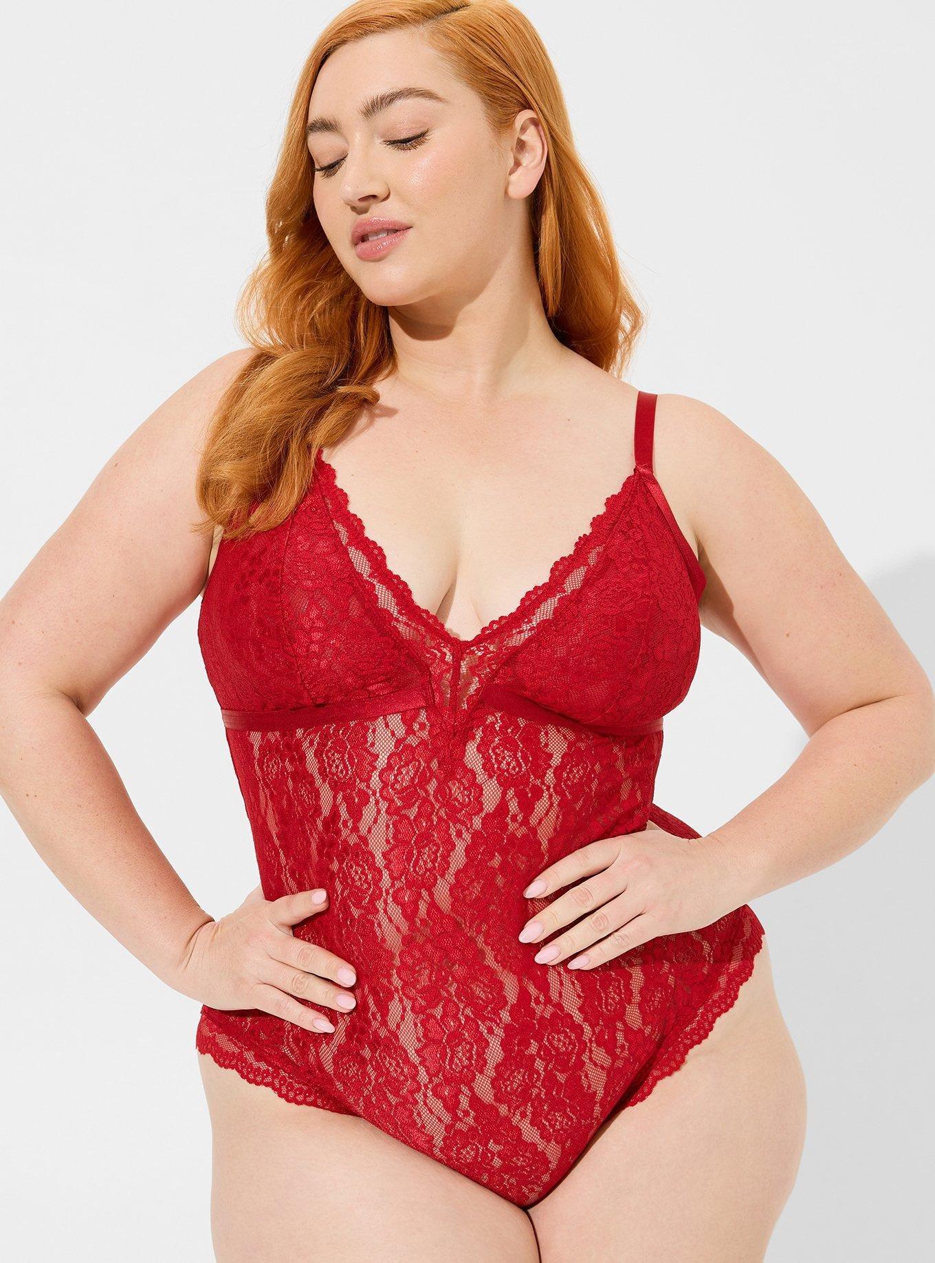V-Neck Lace Bodysuit, JESTER RED, hi-res