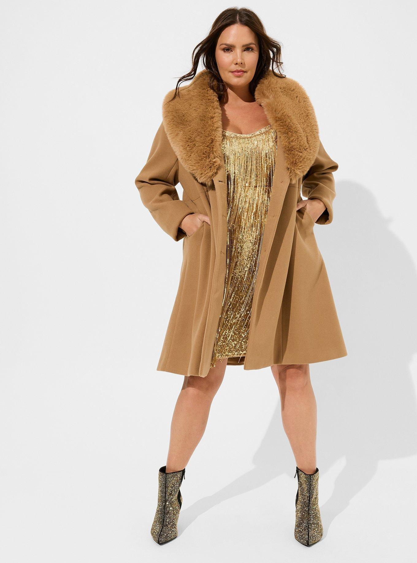 Plus Size - Mid Length Faux Fur Fit And Flare Coat - Torrid