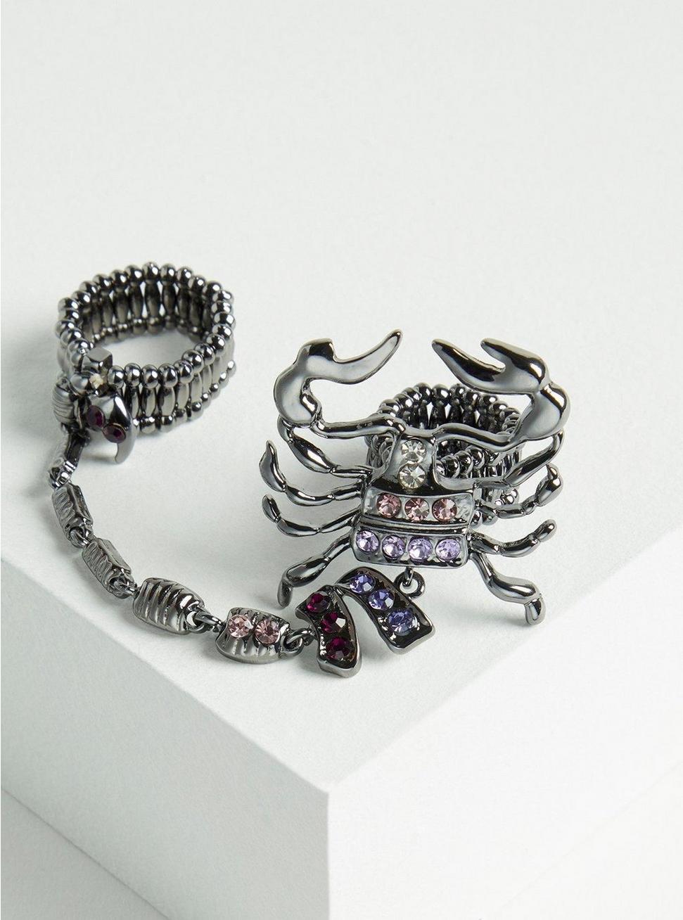 Bejeweled Scorpion Double Ring, HEMATITE, hi-res