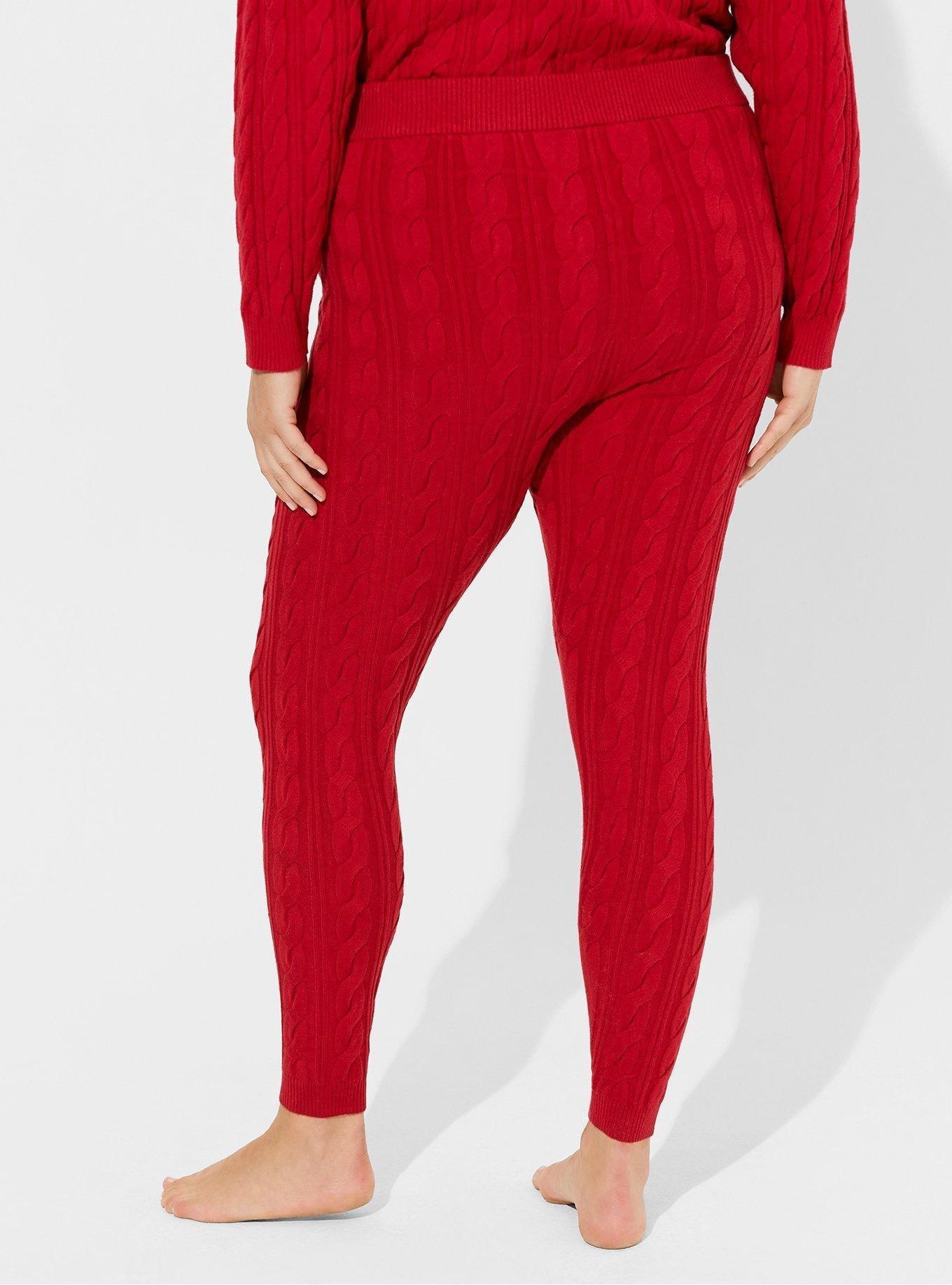 Plus Size Wide Waistband Cable Knit Leggings - Red