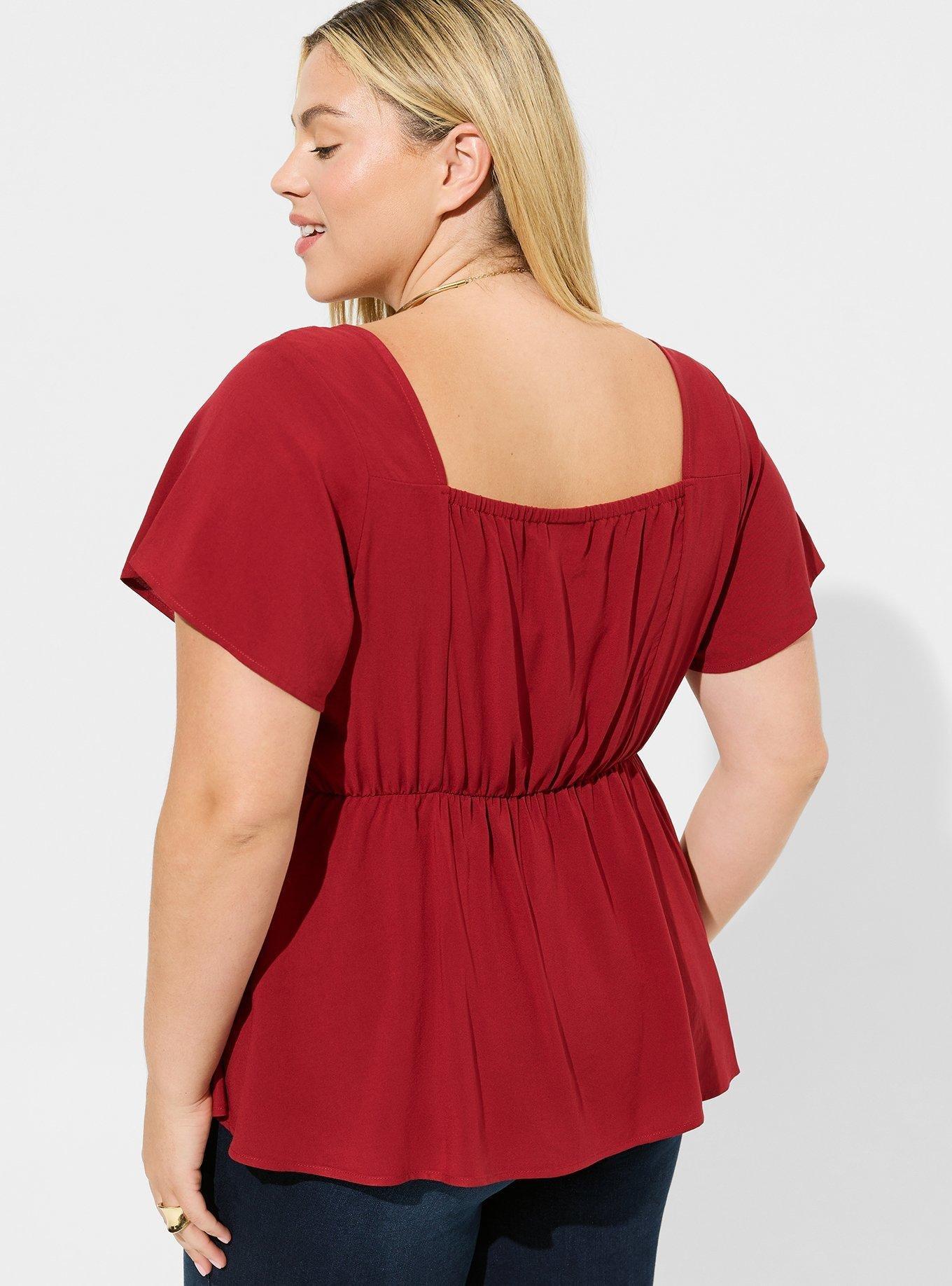 Peplum Challis Sweetheart Short Sleeve Top, RHUBARB, alternate