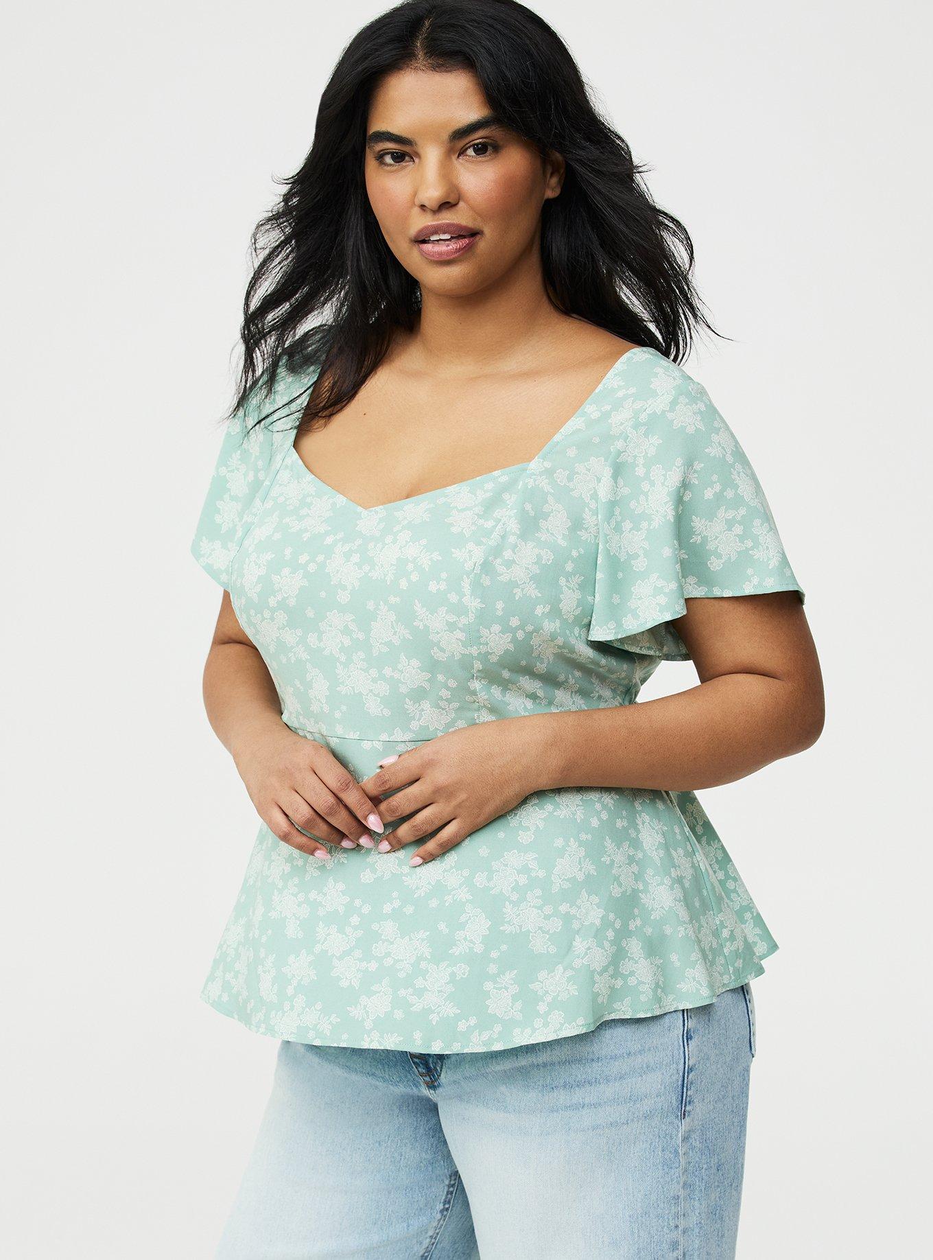 Sweetheart Flutter Sleeve Peplum Top, LACEY FLORAL GRANITE GREEN SM, hi-res