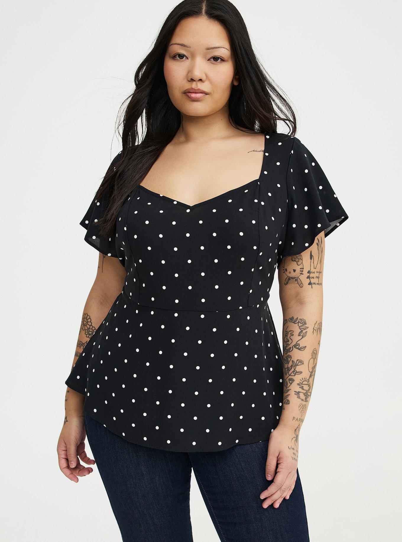 Sweetheart Flutter Sleeve Peplum Top, HONEY DOTS BLACK, hi-res
