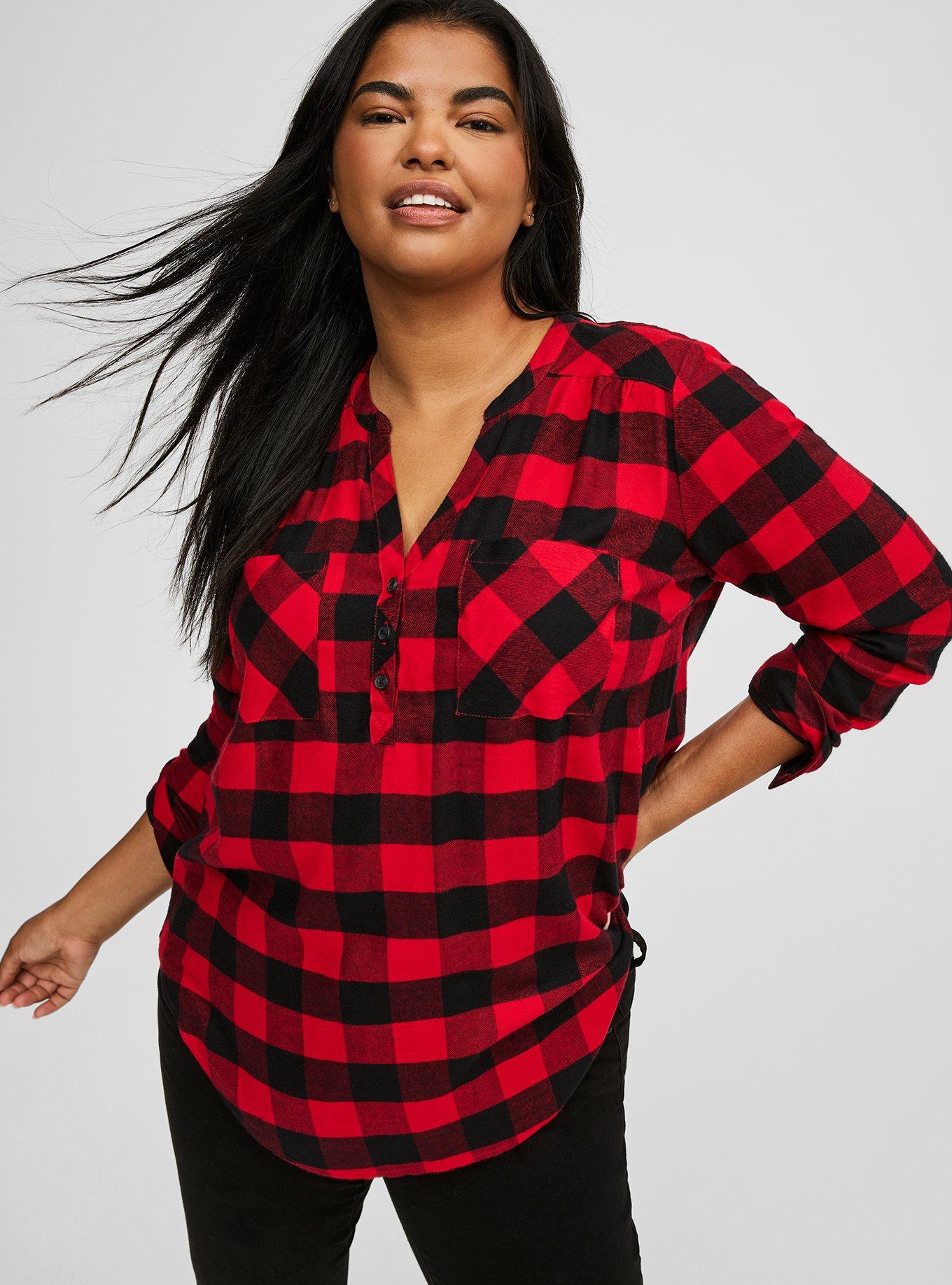 New PLUS SIZE Womens RED BLACK PLAID PULLOVER HOODIE SHIRT TUNIC 1X 2X 3X  USA