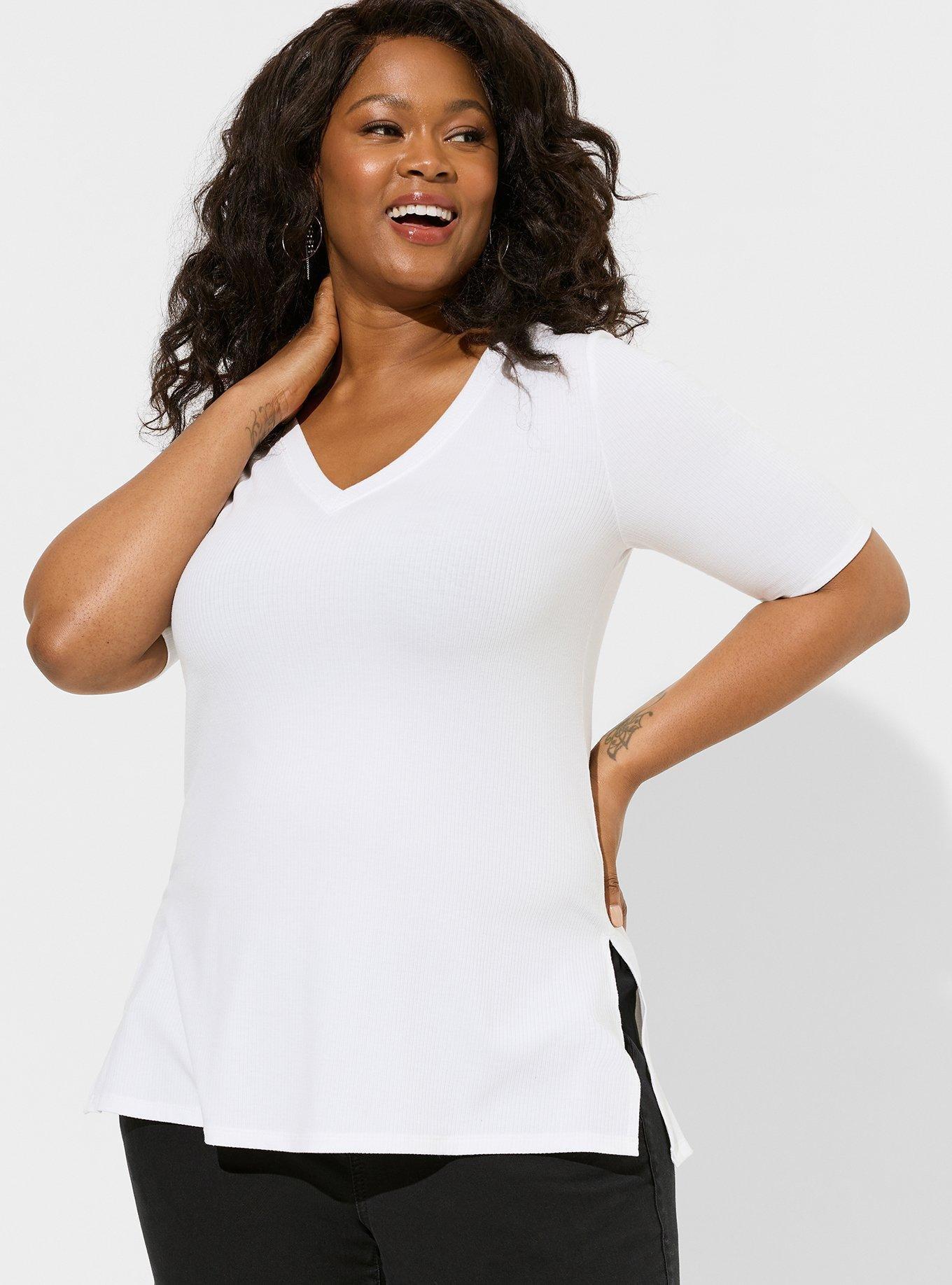 Plus Size Favorite Tunic Super Soft Rib V-Neck Side Slit Tee, BRIGHT WHITE, hi-res