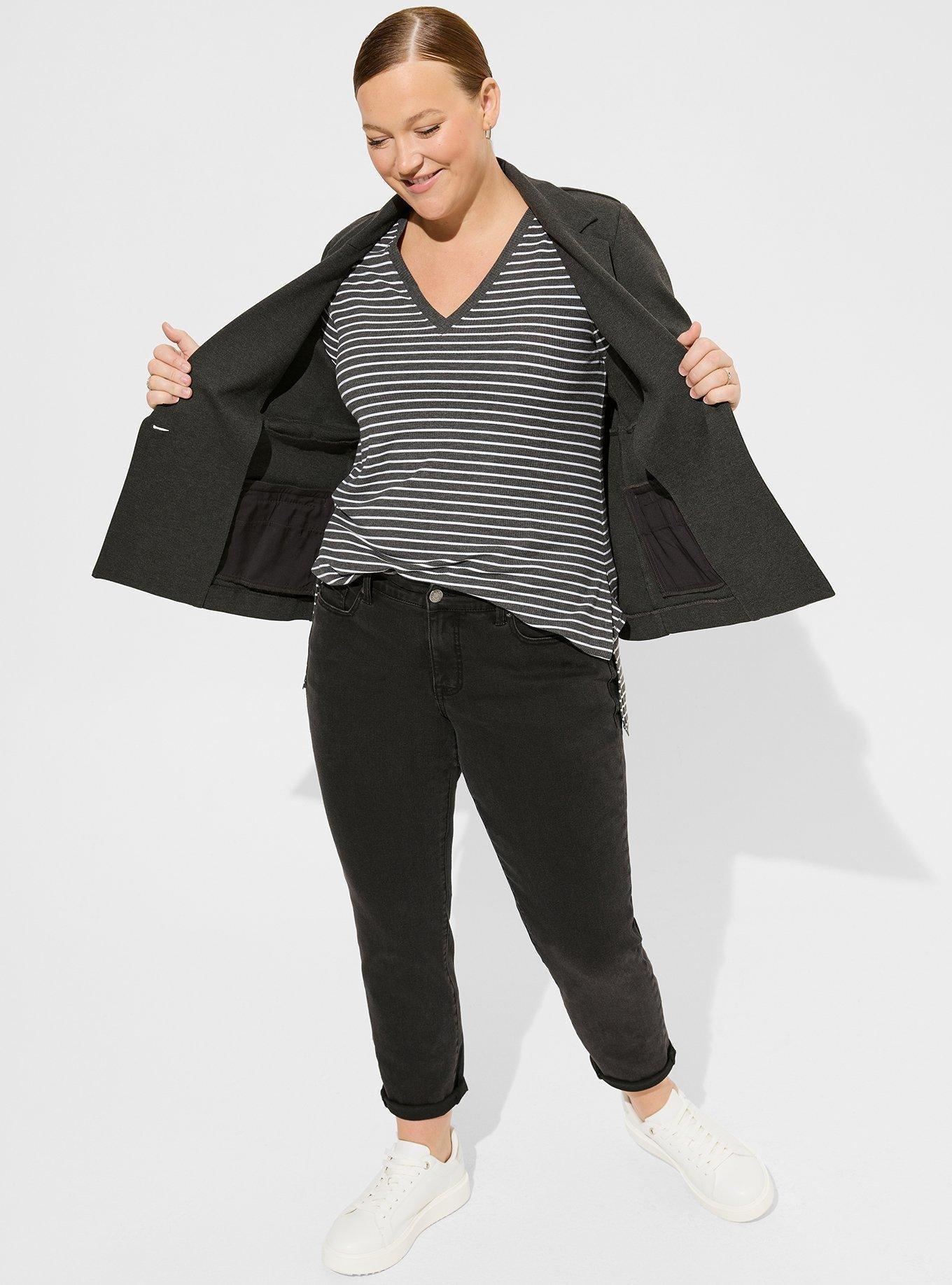 Favorite Tunic Super Soft Rib V-Neck Side Slit Tee, GREY WHITE STRIPE, alternate
