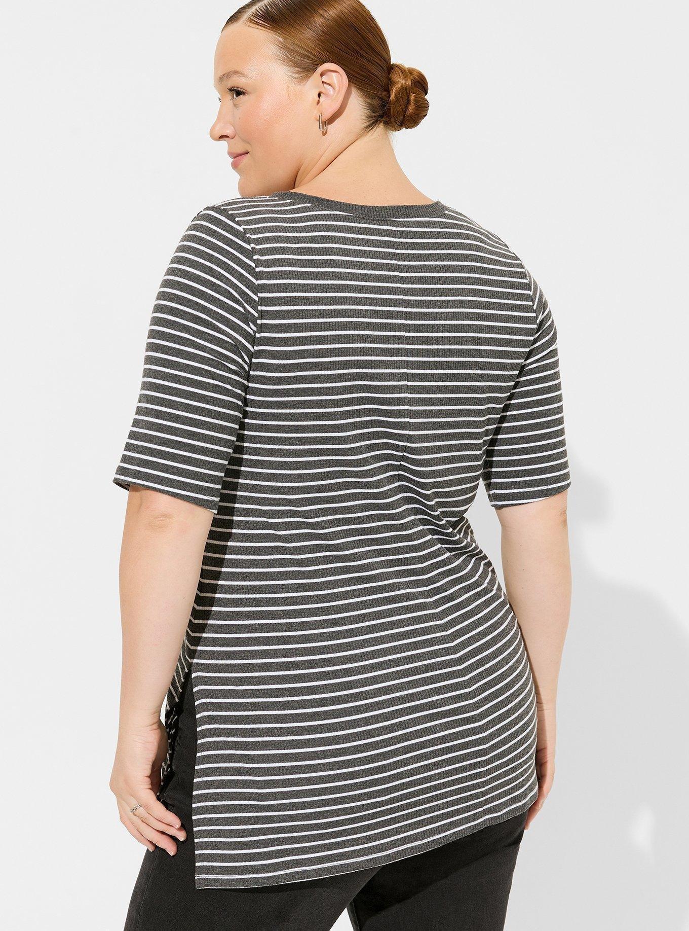 Favorite Tunic Super Soft Rib V-Neck Side Slit Tee, GREY WHITE STRIPE, alternate