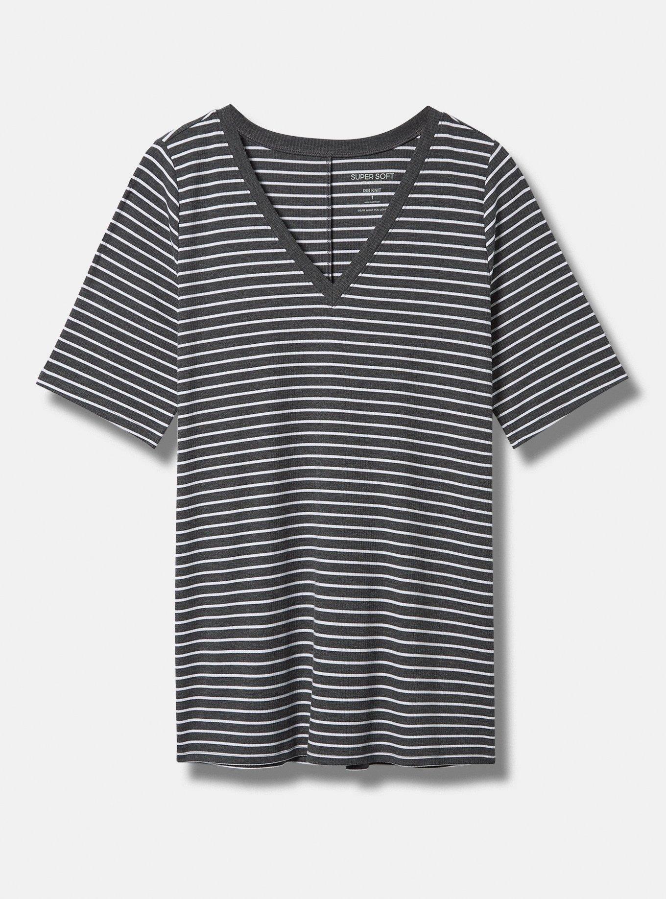 Favorite Tunic Super Soft Rib V-Neck Side Slit Tee, GREY WHITE STRIPE, hi-res