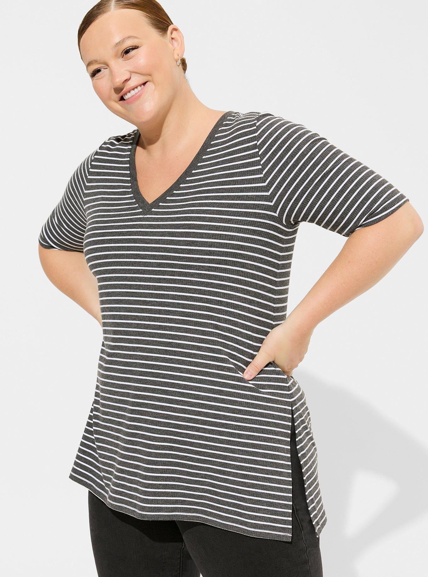 Favorite Tunic Super Soft Rib V-Neck Side Slit Tee, GREY WHITE STRIPE, hi-res