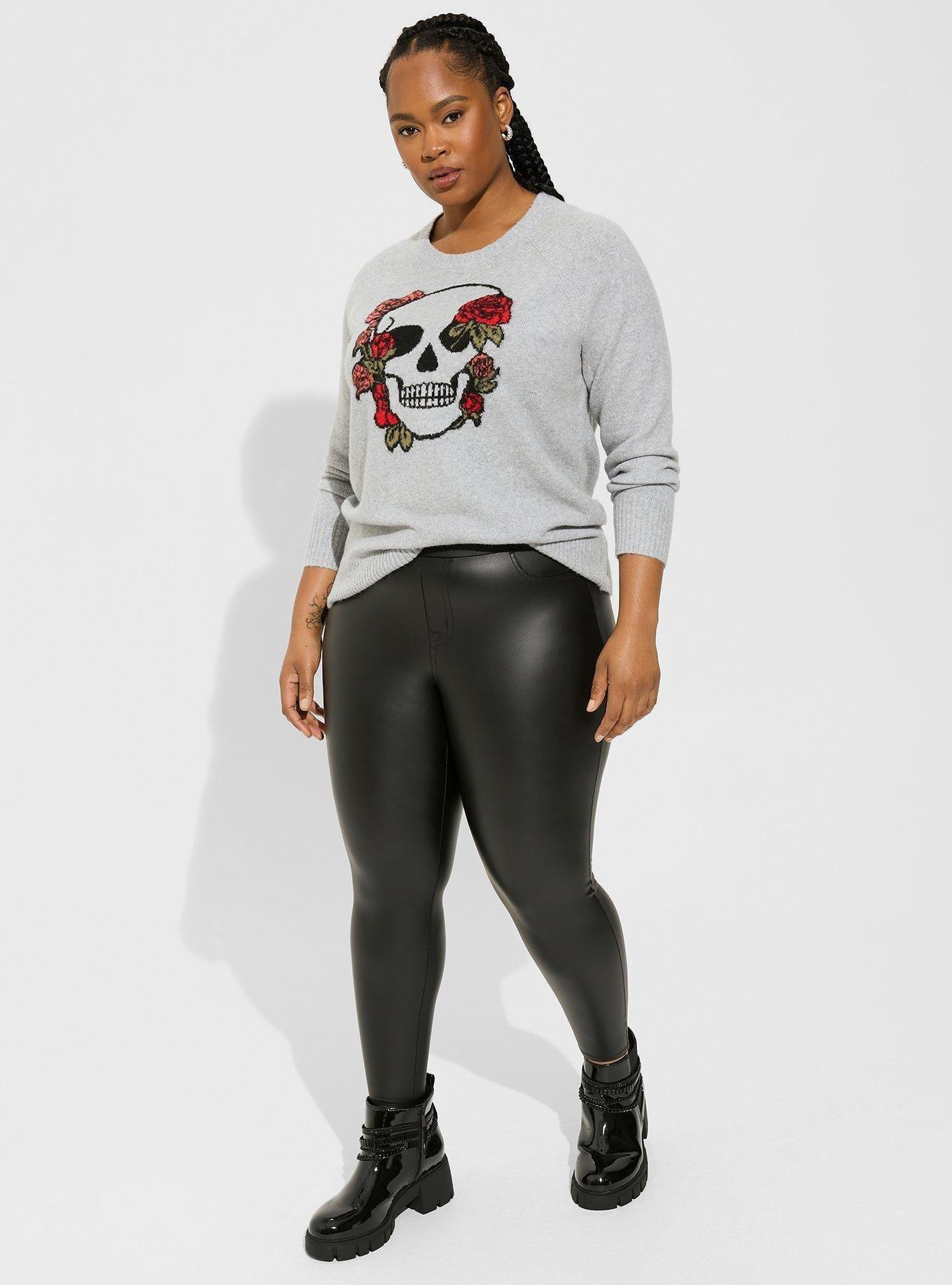 Rose Skull Vegan Cashmere Pullover Crew Sweater, LIGHT HEATHER GREY SKULL ROSE, alternate