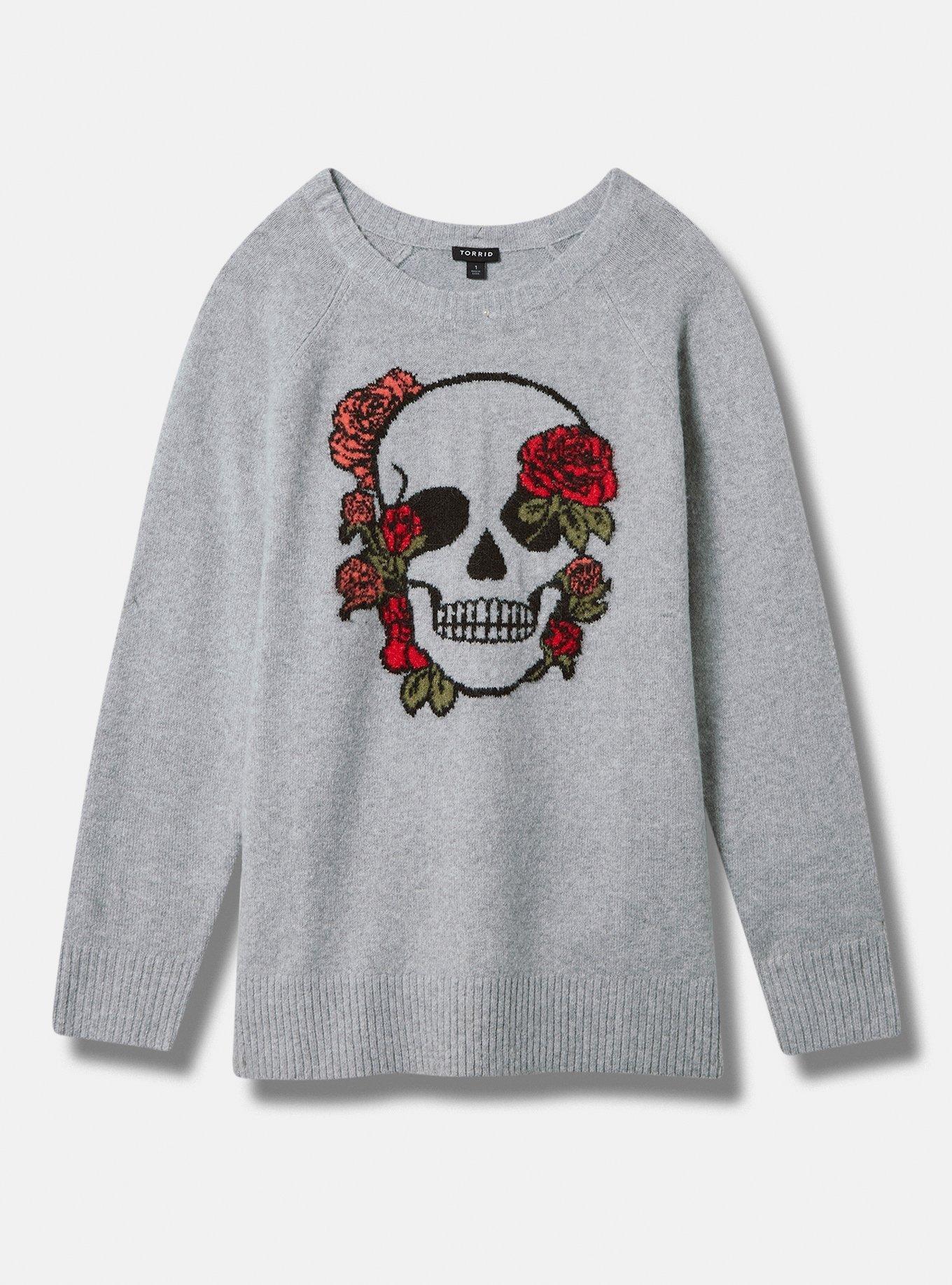 Rose Skull Vegan Cashmere Pullover Crew Sweater