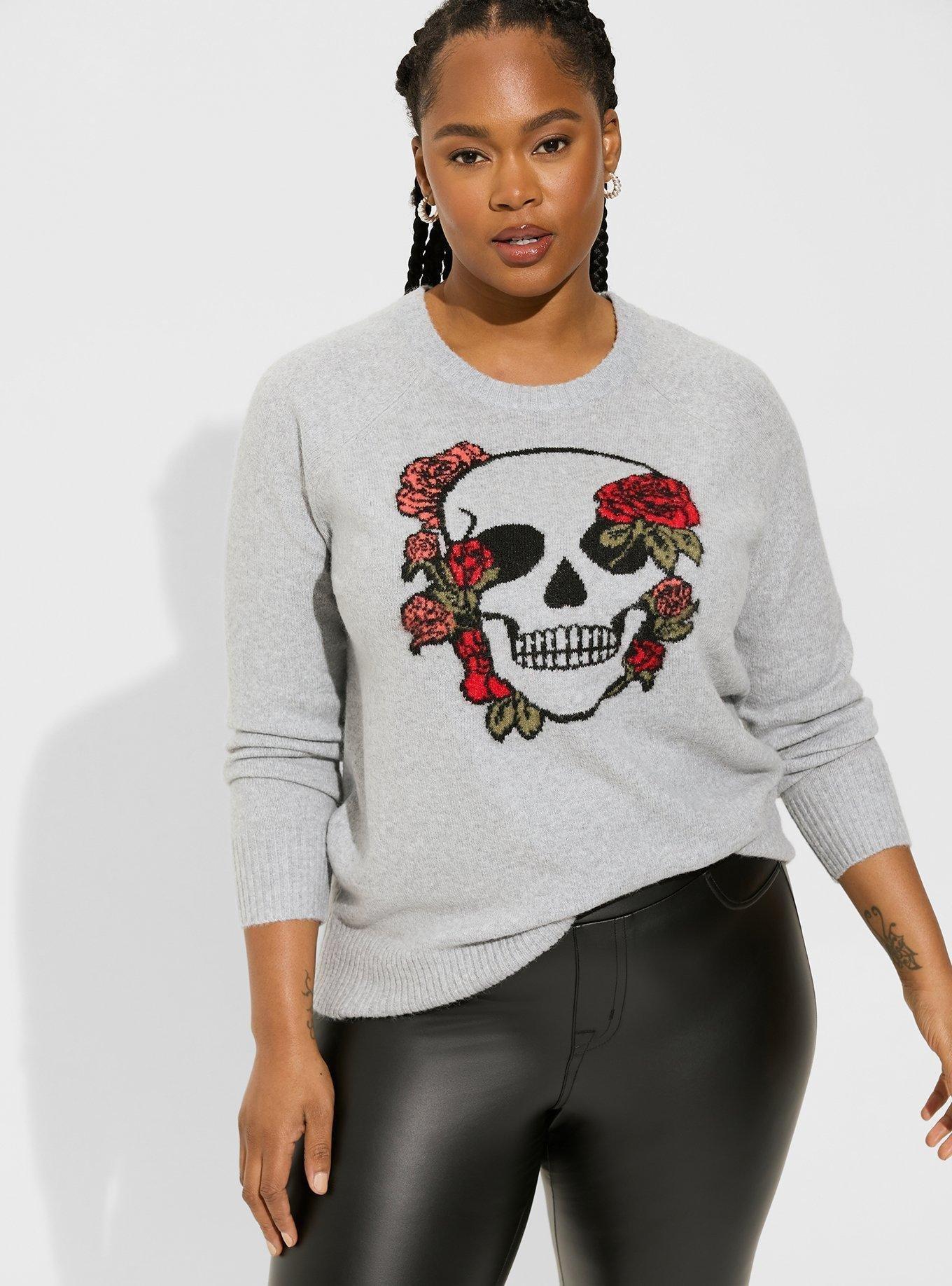 Rose Skull Vegan Cashmere Pullover Crew Sweater