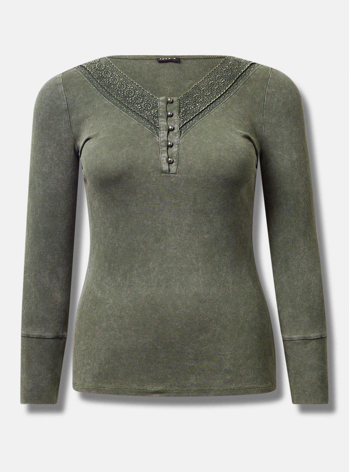 Plus Size - Cotton Modal Rib Lace V-Neck Long Sleeve Henley Top - Torrid