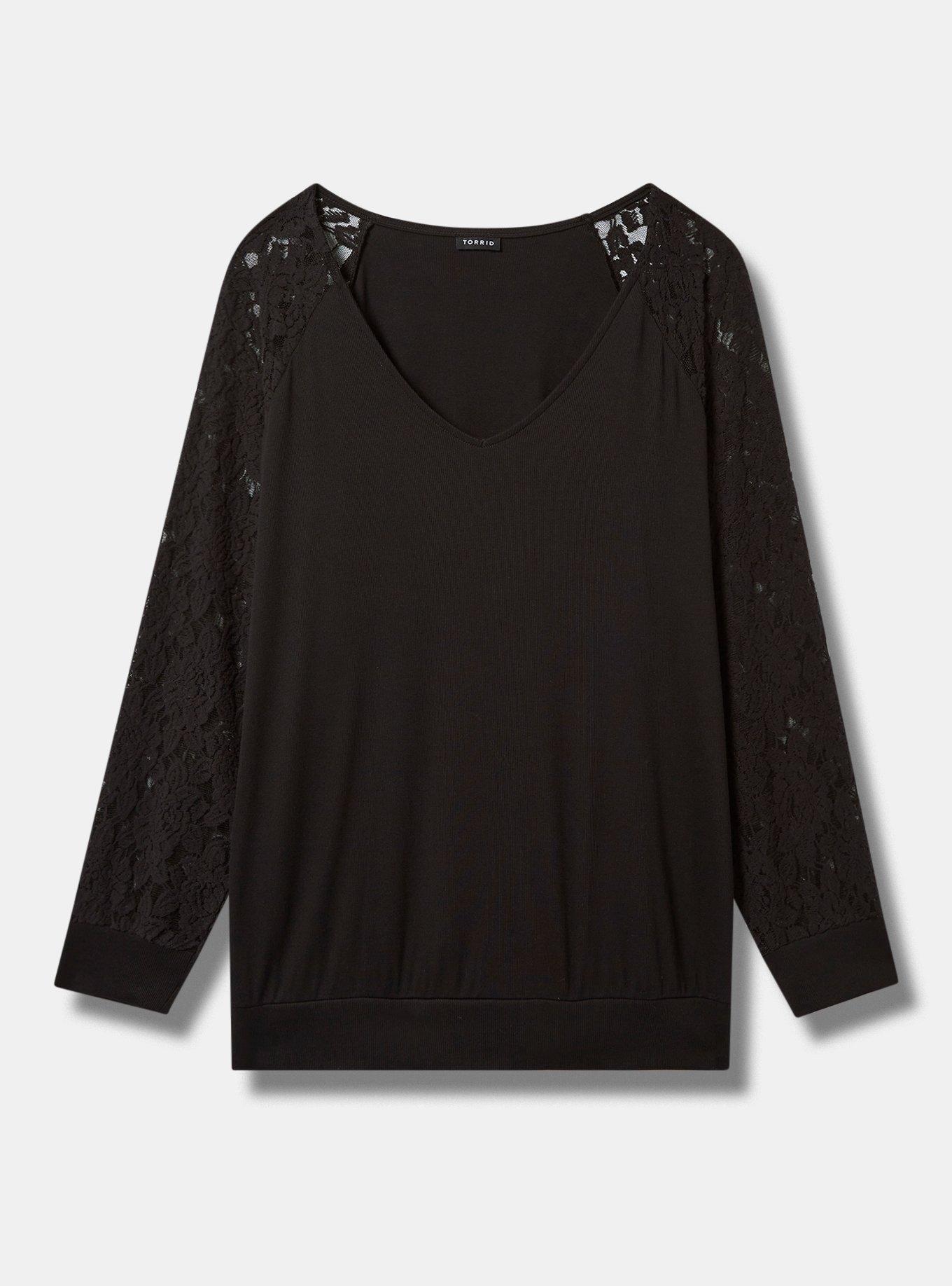 Cotton Modal Rib V-Neck Lace Long Sleeve Top