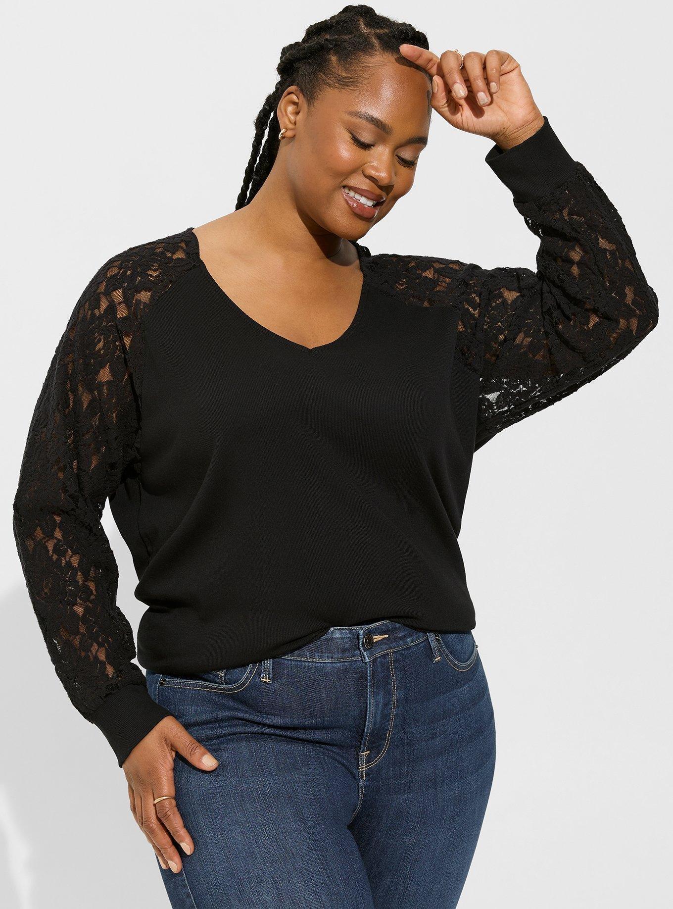 Cotton Modal Rib V-Neck Lace Long Sleeve Top