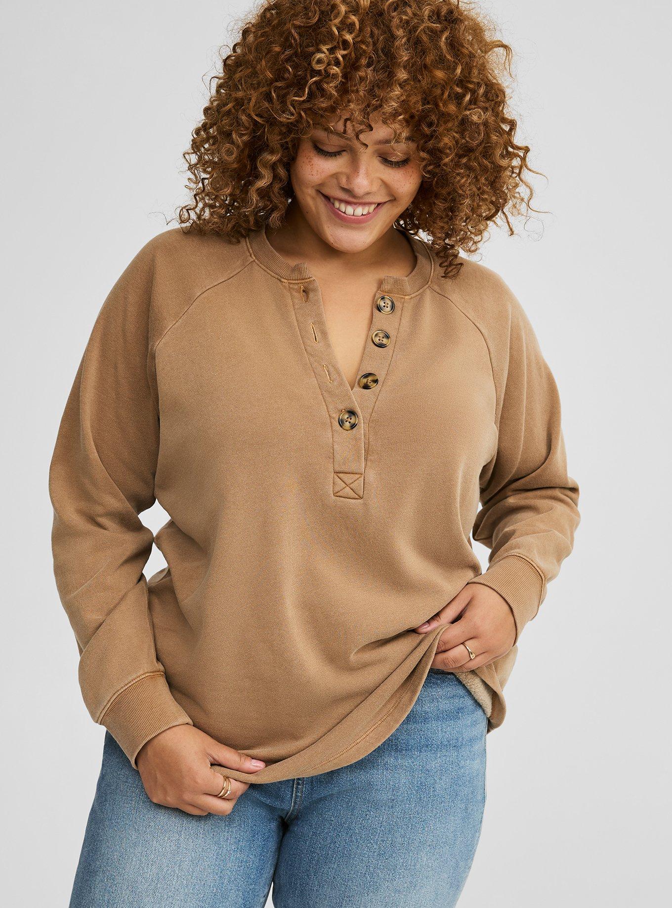 NWT PLUS SIZE  Essentials Women's Relaxed-Fit Henley Fleece  Sweatshirt