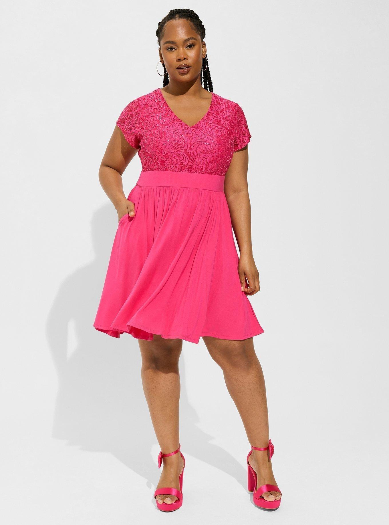 Plus Size At The Knee Super Soft Lace Sequin Contrast Fit N Flare Dress Torrid