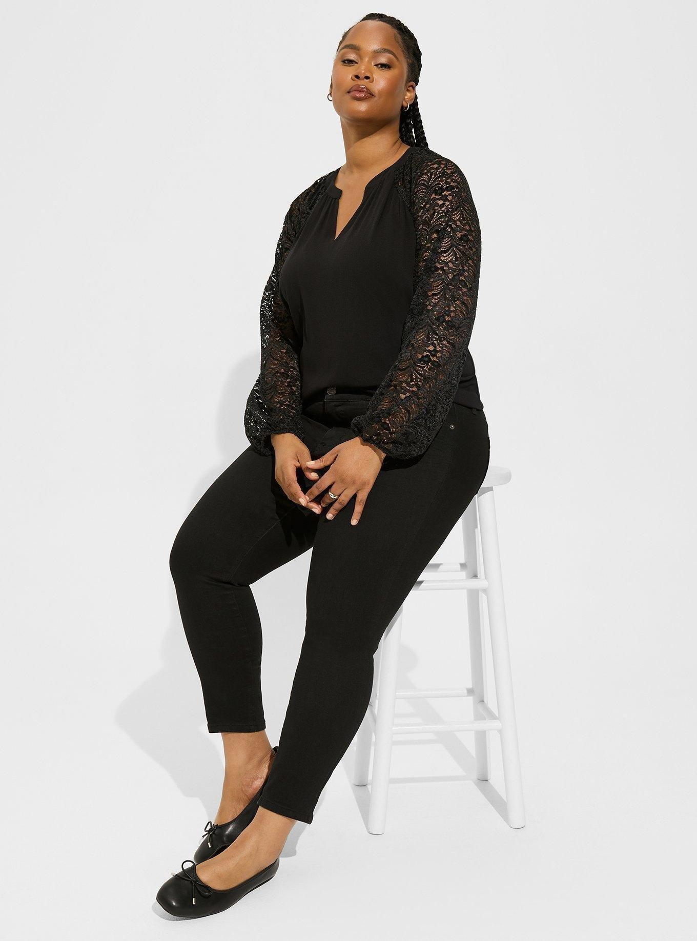 Plus Size Washable Crinkle Gauze Lace Bishop Sleeve Blouse, DEEP BLACK, alternate