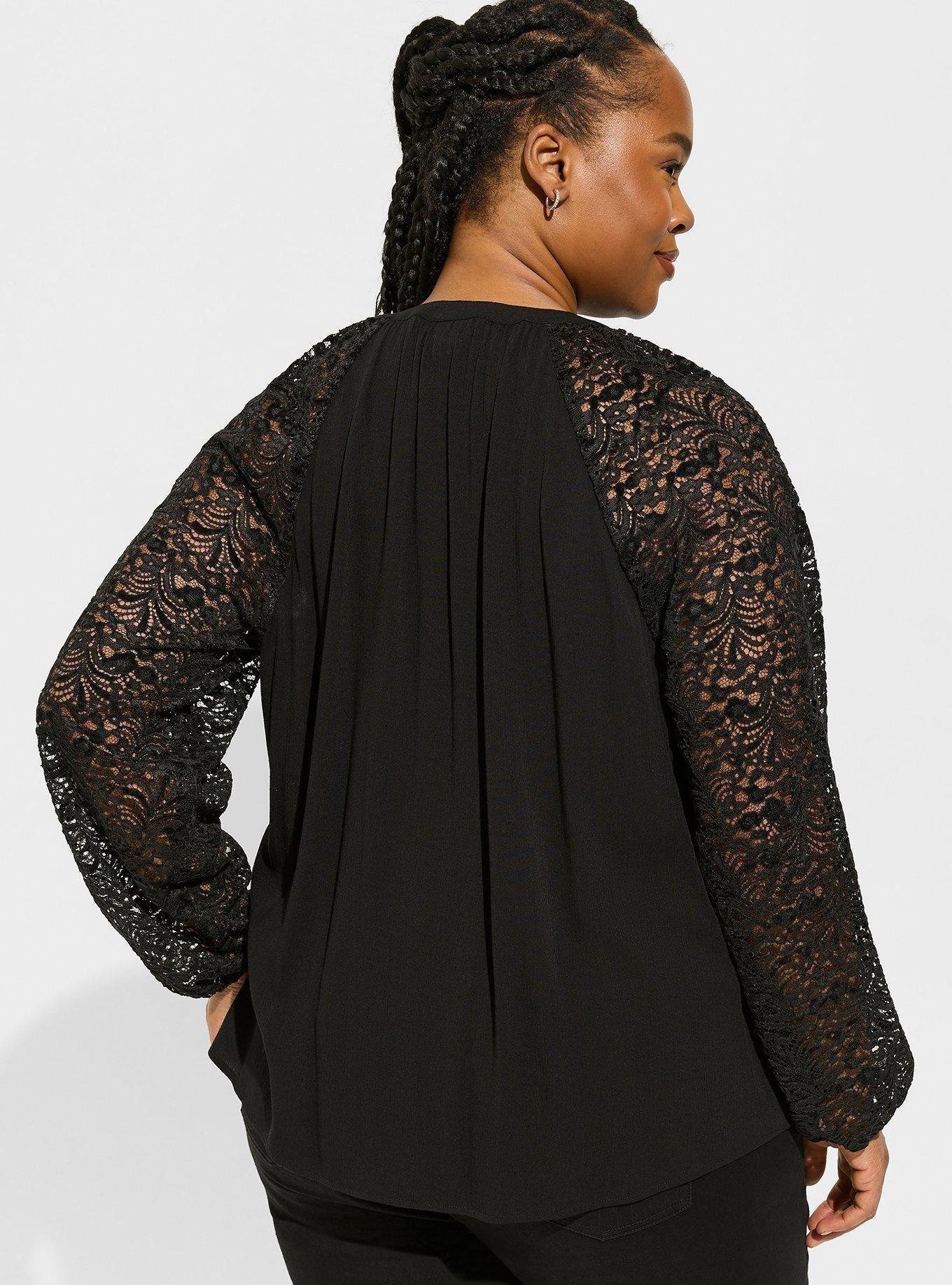 Plus Size Washable Crinkle Gauze Lace Bishop Sleeve Blouse, DEEP BLACK, alternate