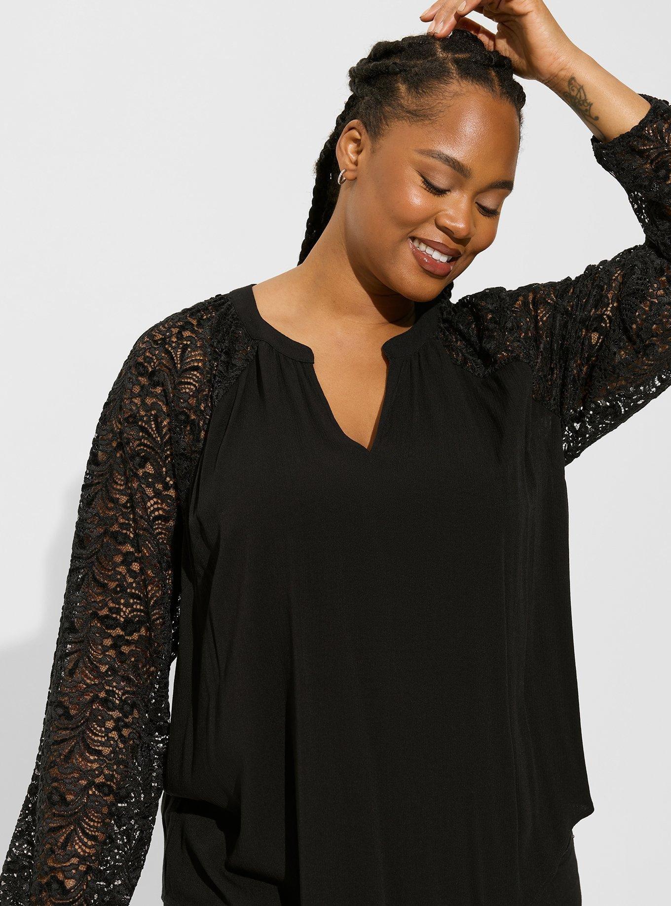 Plus Size Washable Crinkle Gauze Lace Bishop Sleeve Blouse, DEEP BLACK, alternate