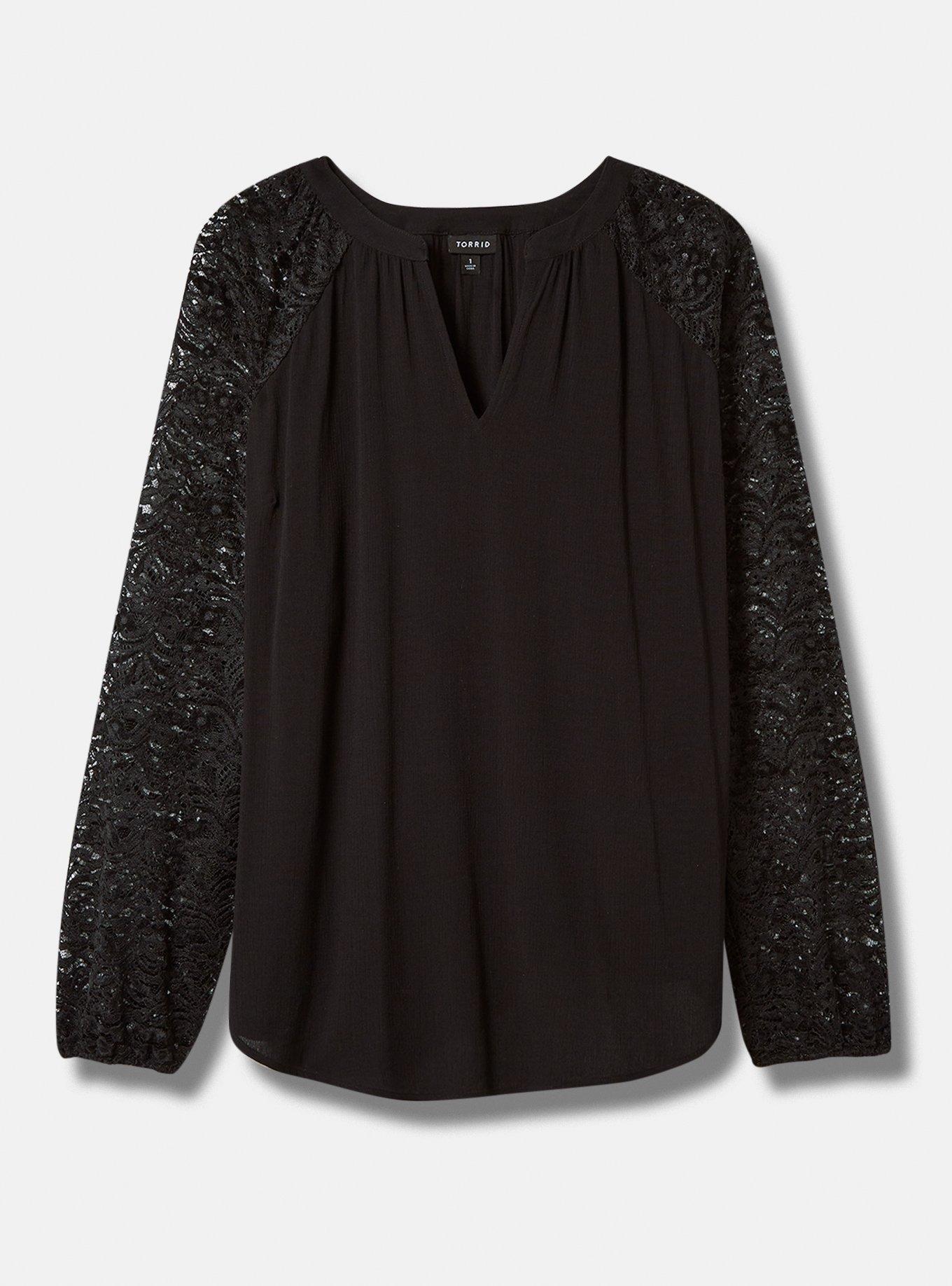 Plus Size Washable Crinkle Gauze Lace Bishop Sleeve Blouse, DEEP BLACK, hi-res