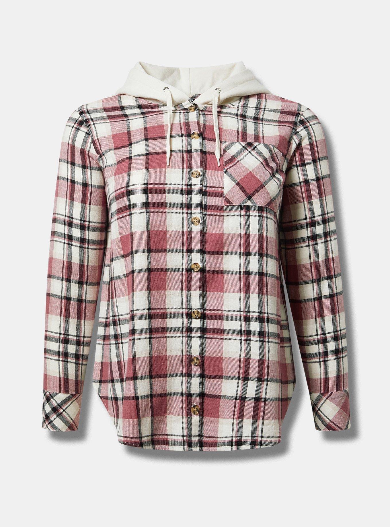 Plus Size Cotton Flannel Hoodie Button Up Long Sleeve Top Torrid