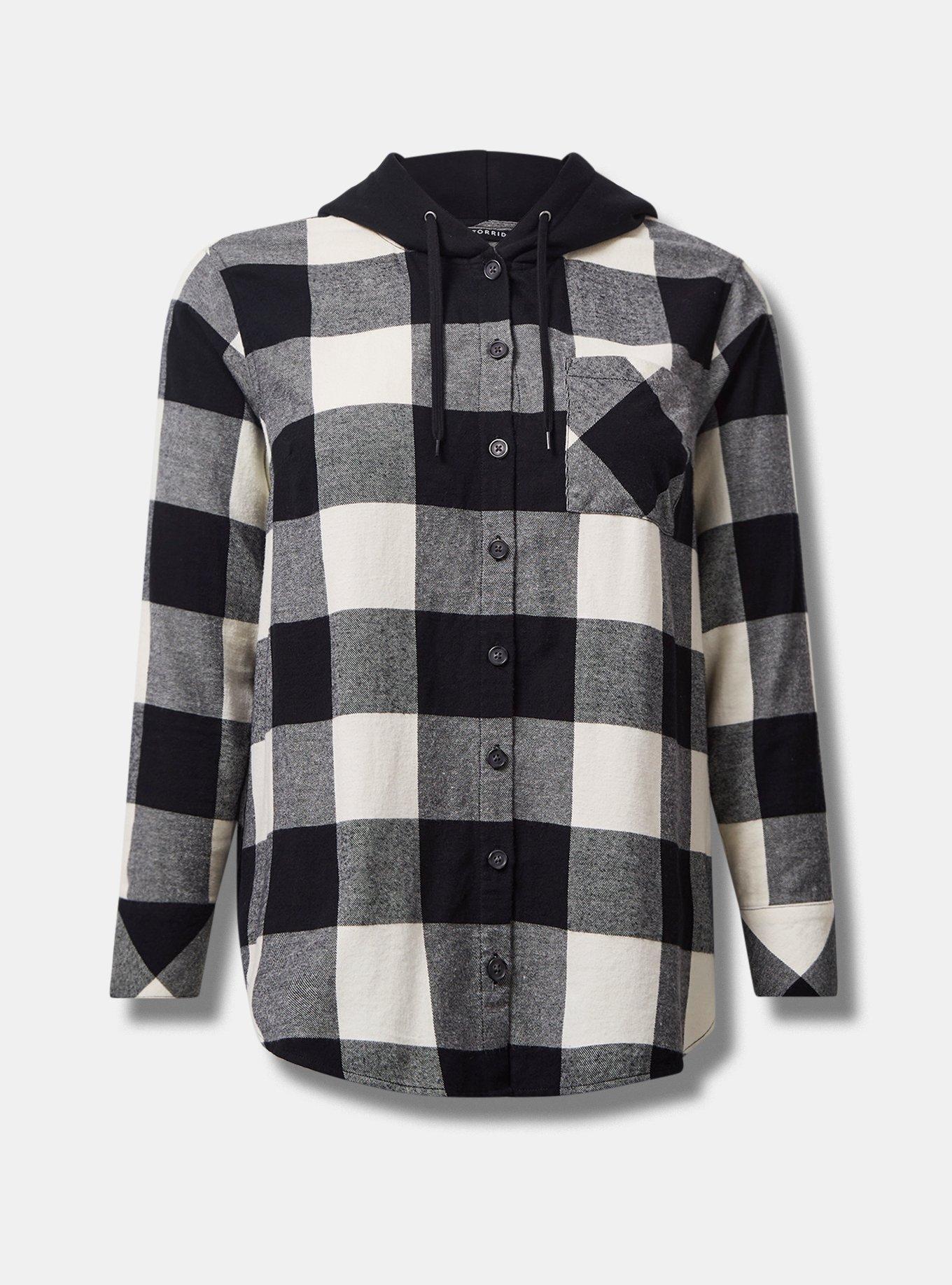 Cotton Flannel Hoodie Button Up Long Sleeve Top