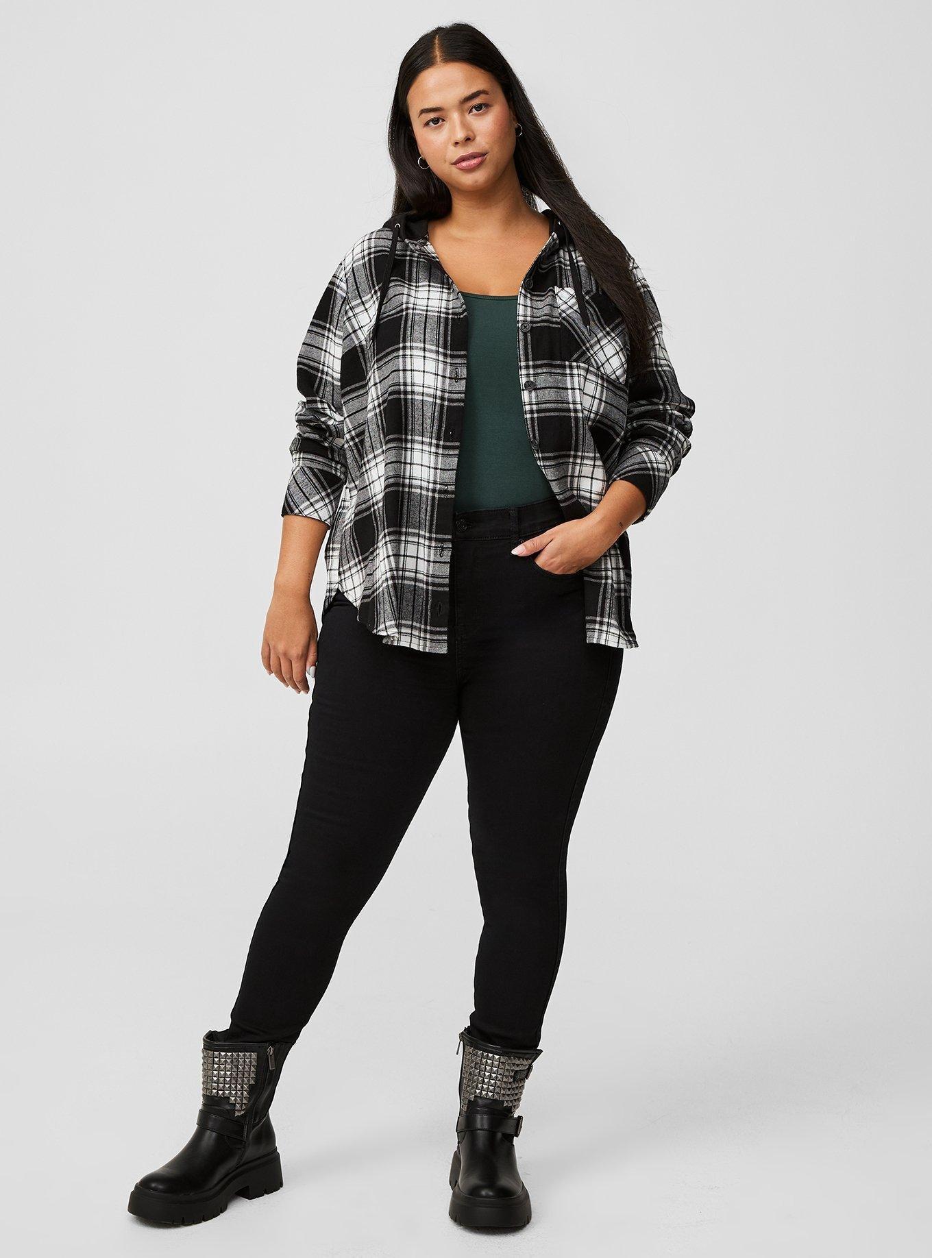 Plus Size Cotton Flannel Hoodie Button Up Long Sleeve Top Torrid