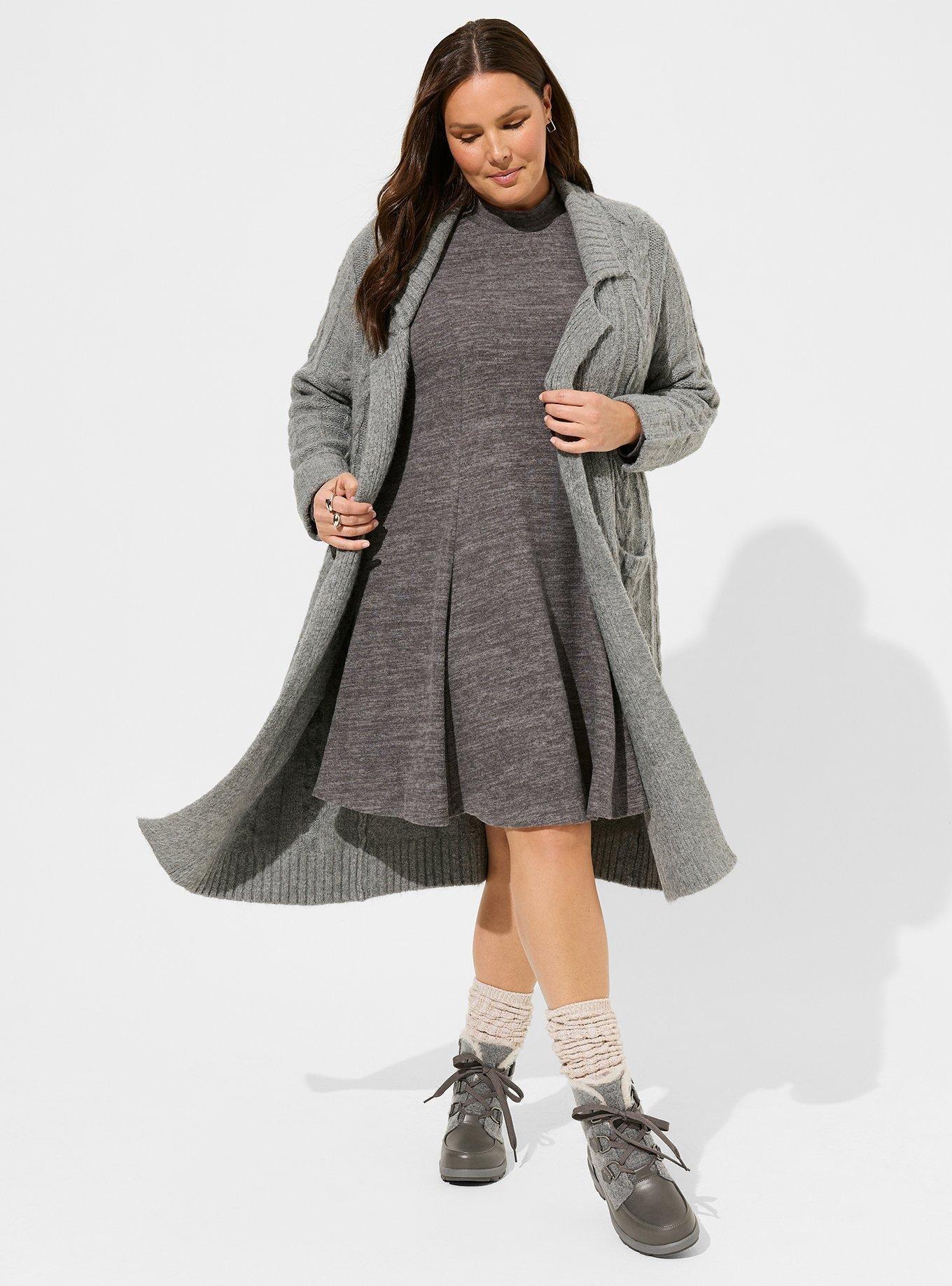 At The Knee Hacci Mock Neck Fit N Flare Dress, CHARCOAL HEATHER GREY, alternate