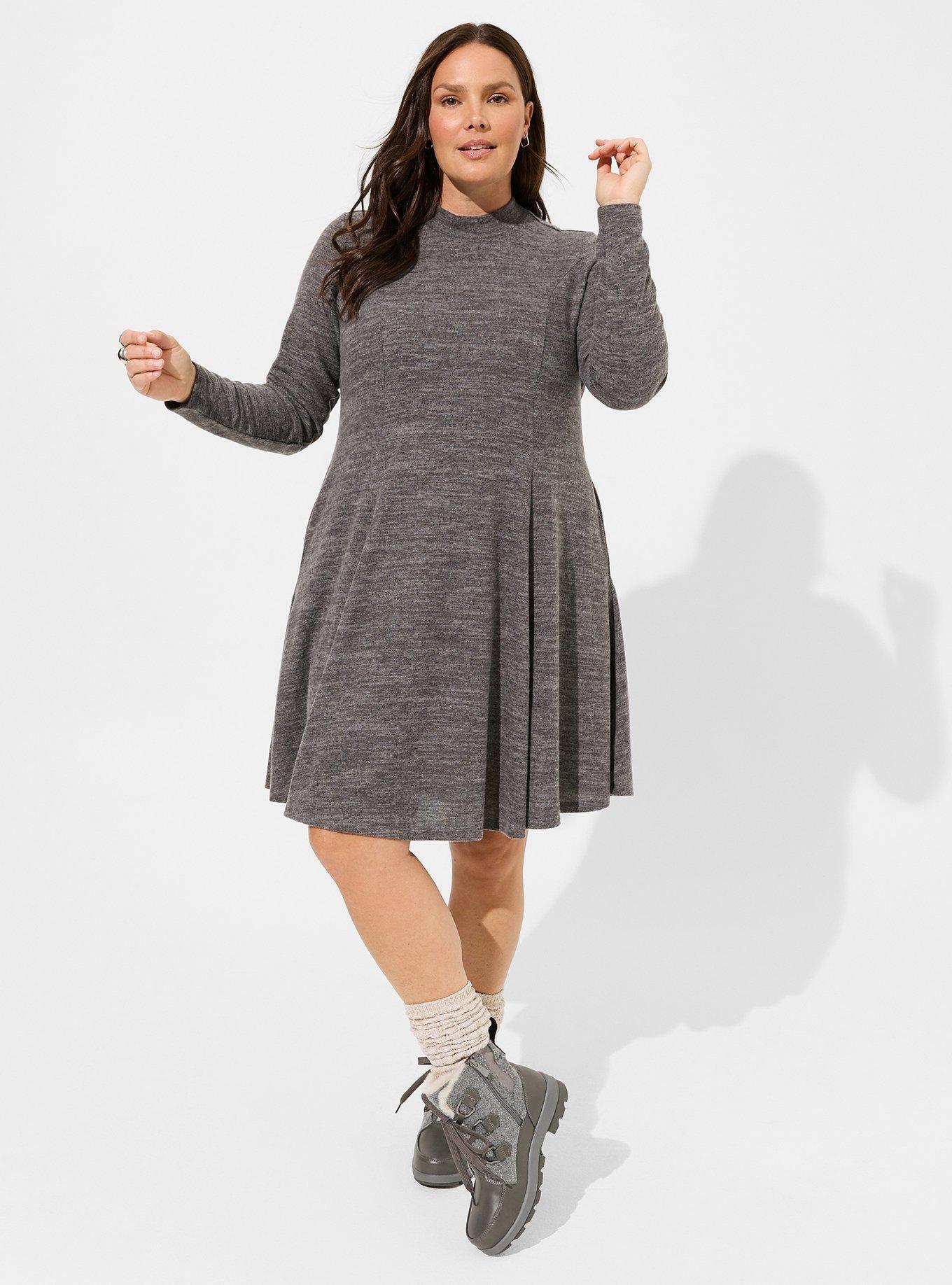 Plus Size At The Knee Hacci Mock Neck Fit N Flare Dress, PEACOAT, hi-res