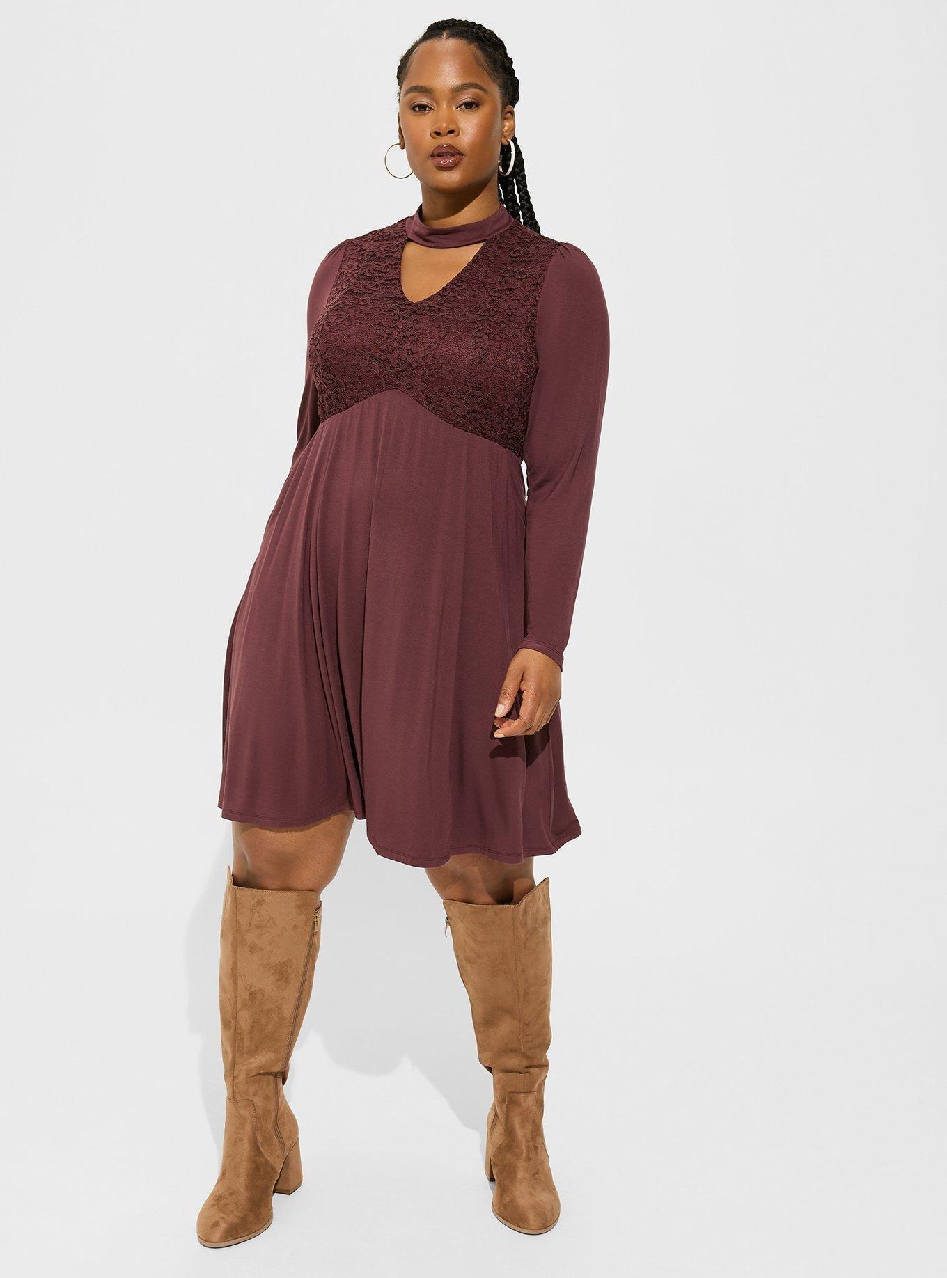Plus Size At The Knee Super Soft Lace Bodice Mock Neck Skater Dress Torrid