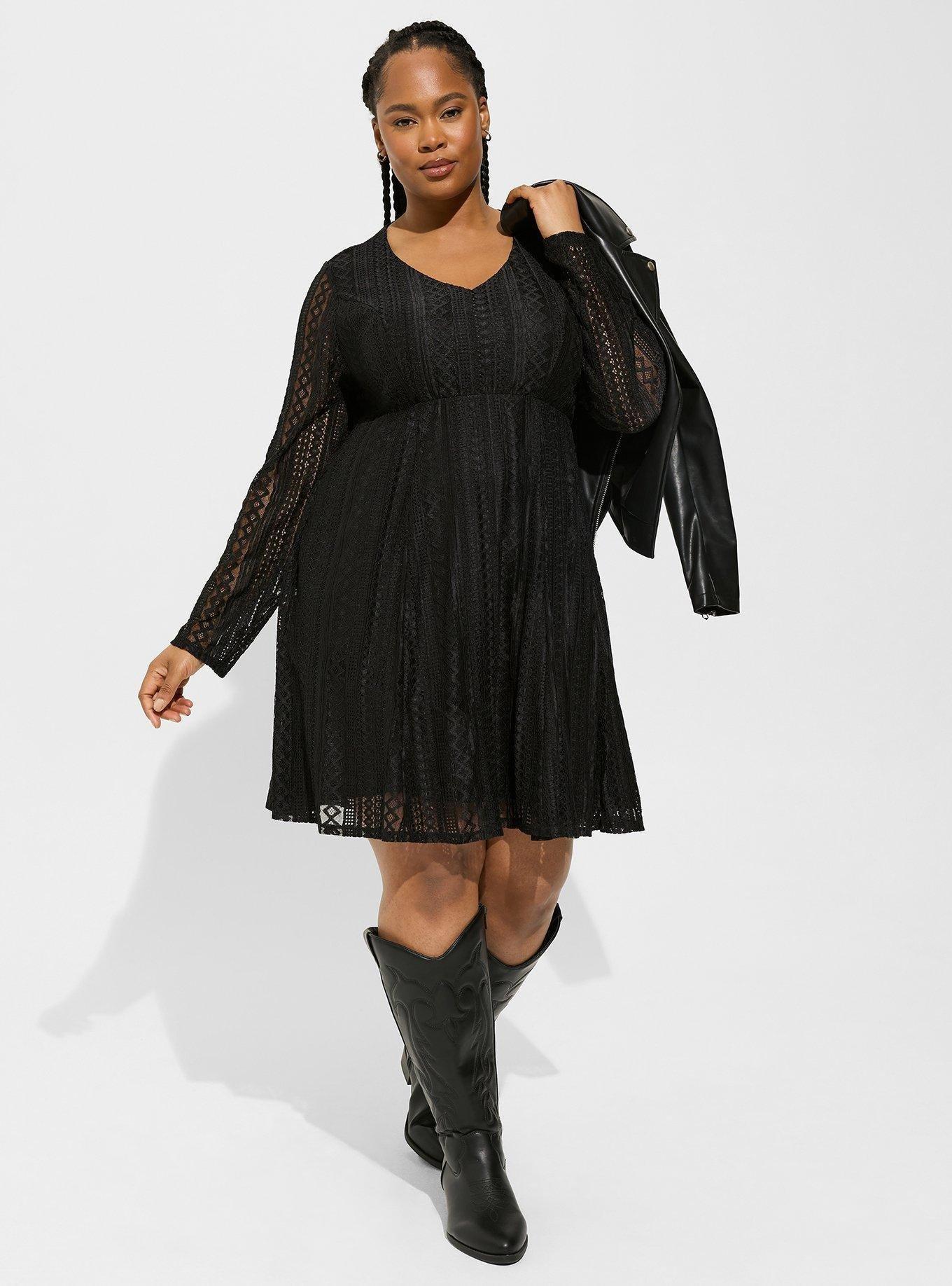 At The Knee Geo Lace V-Neck Skater Dress, DEEP BLACK, hi-res