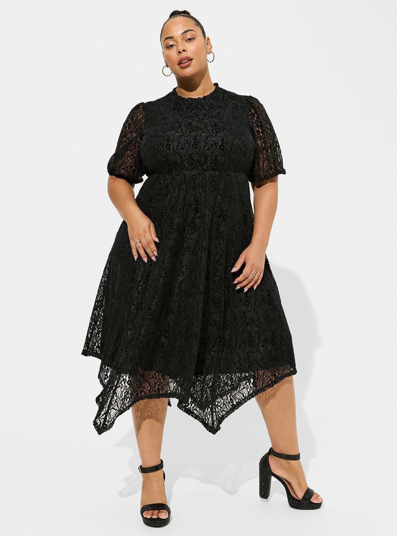 Tea Length Flocked Lace Sharkbite Hem Dress, DEEP BLACK, hi-res