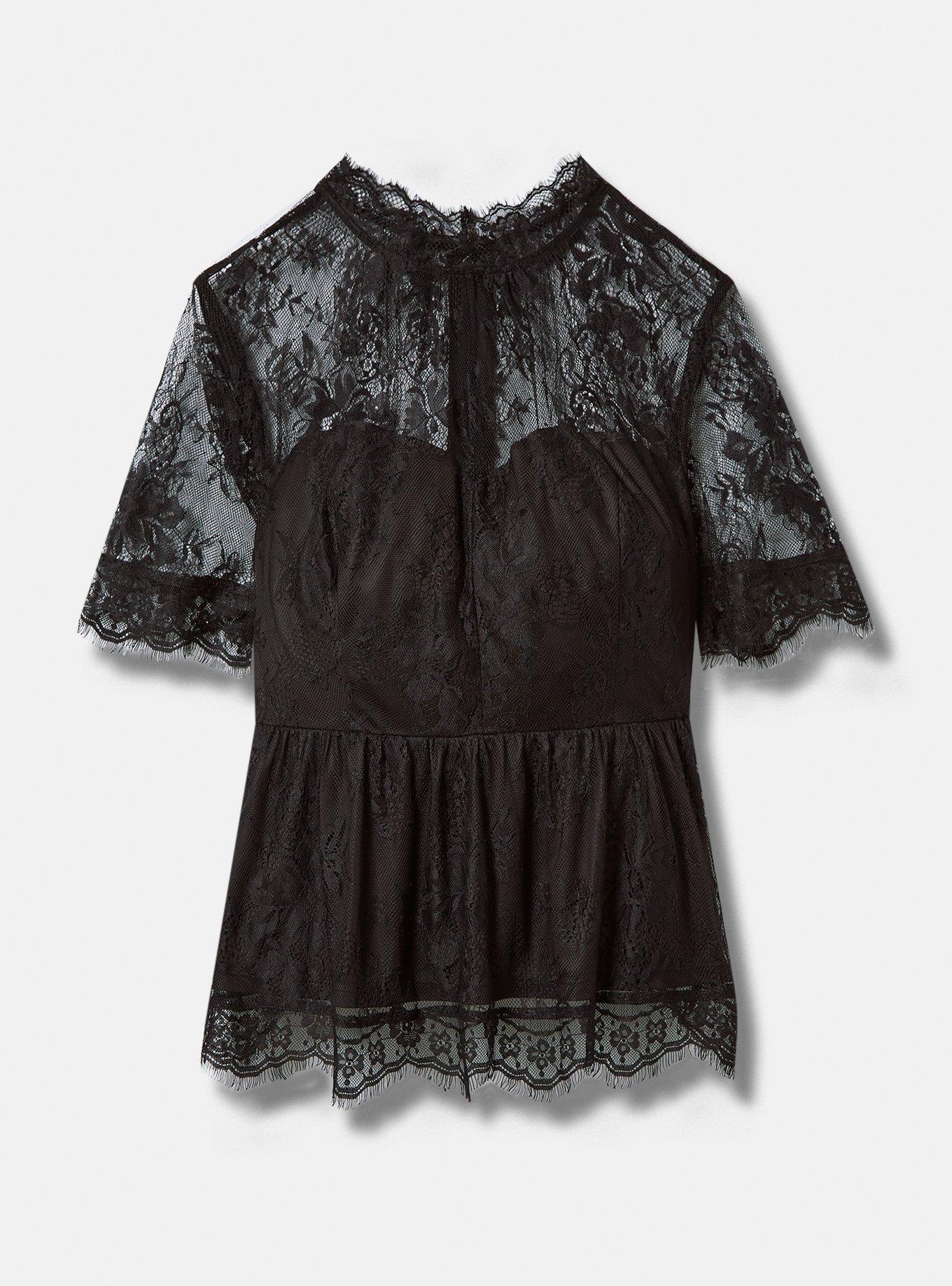 Peplum Lace Mock Neck Short Sleeve Blouse