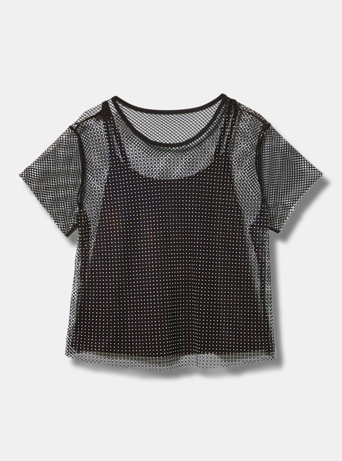 Shop the Last Friday Night Diamante Mesh Top Black