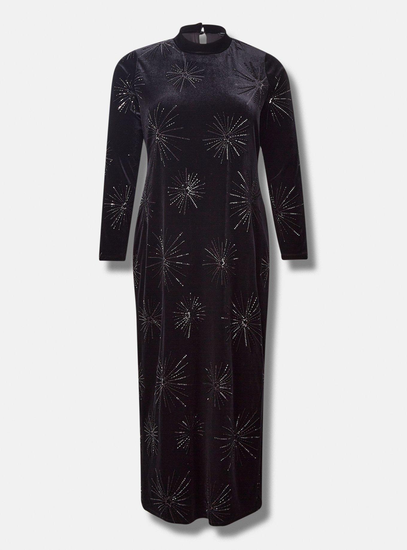 Maxi Beaded Embroidery Velvet Mock Neck Dress