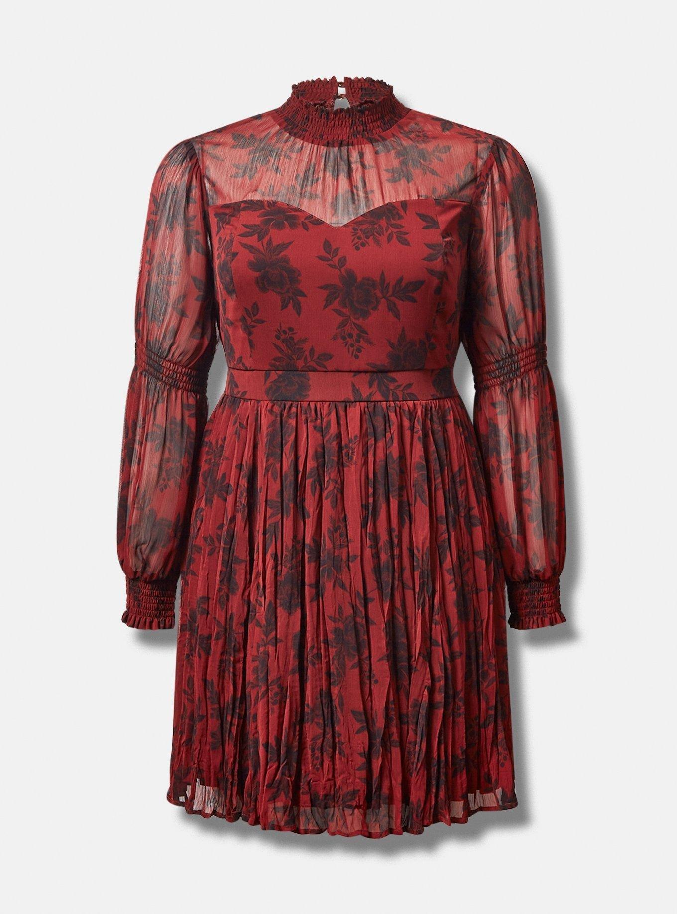 Chiffon Tea-length Pleated Dress with Floral Waist Detail Red