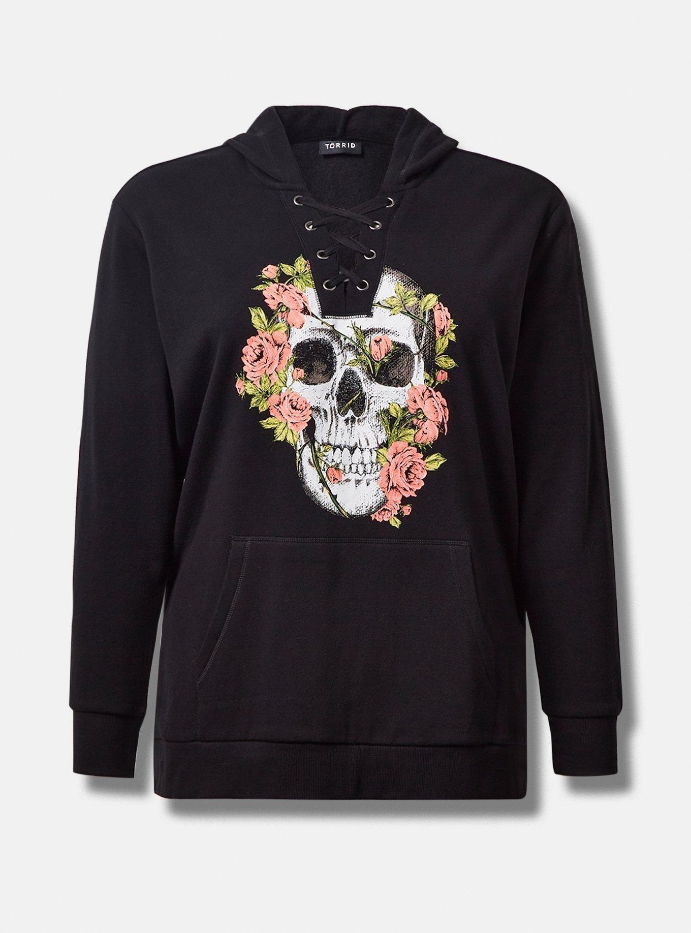 Skull Classic Fit Cozy Fleece Lace Up Side Slit Hoodie