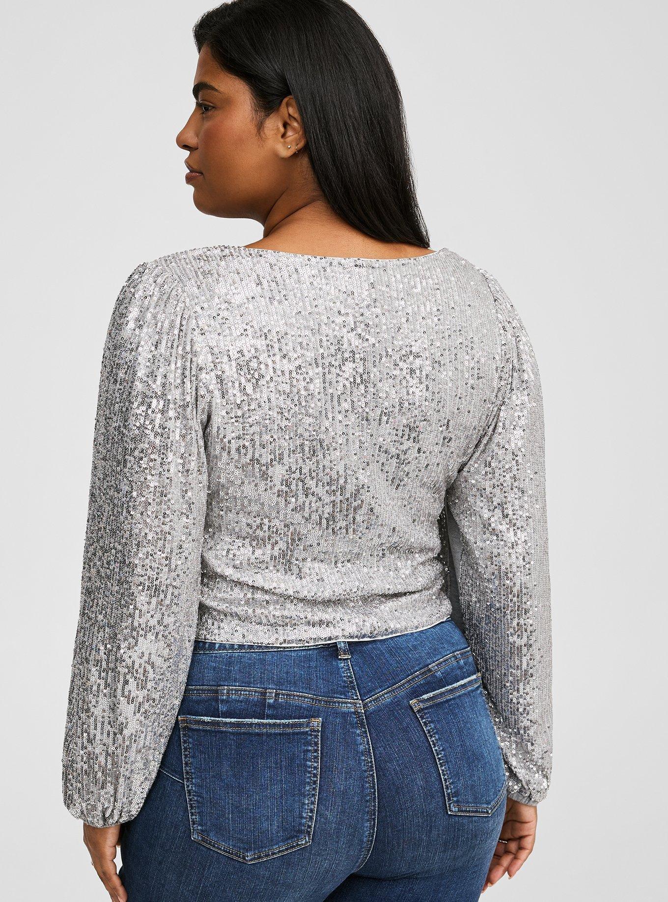 Sequin Deep V-Neck Long Sleeve Blouse