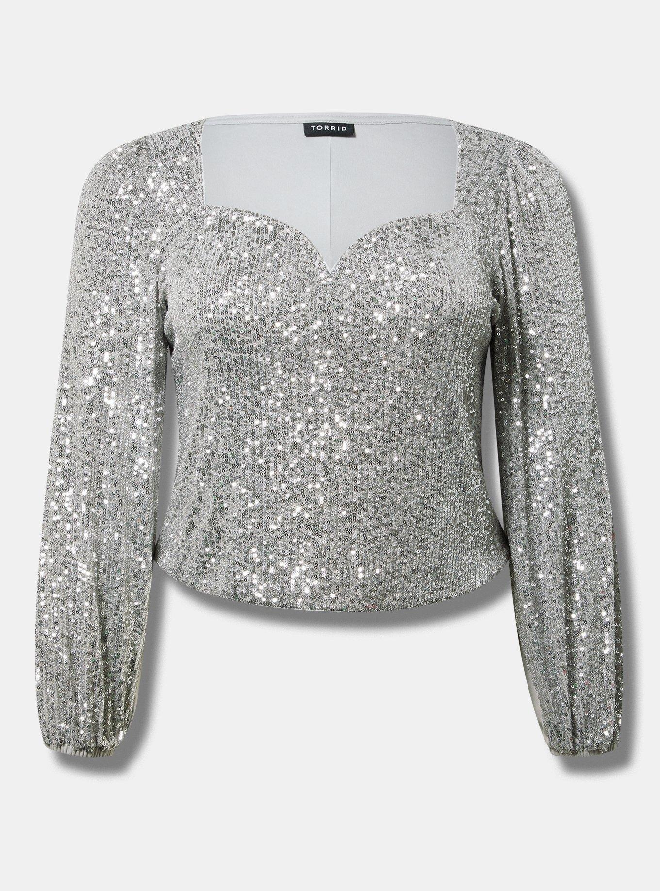Sequin Deep V-Neck Long Sleeve Blouse