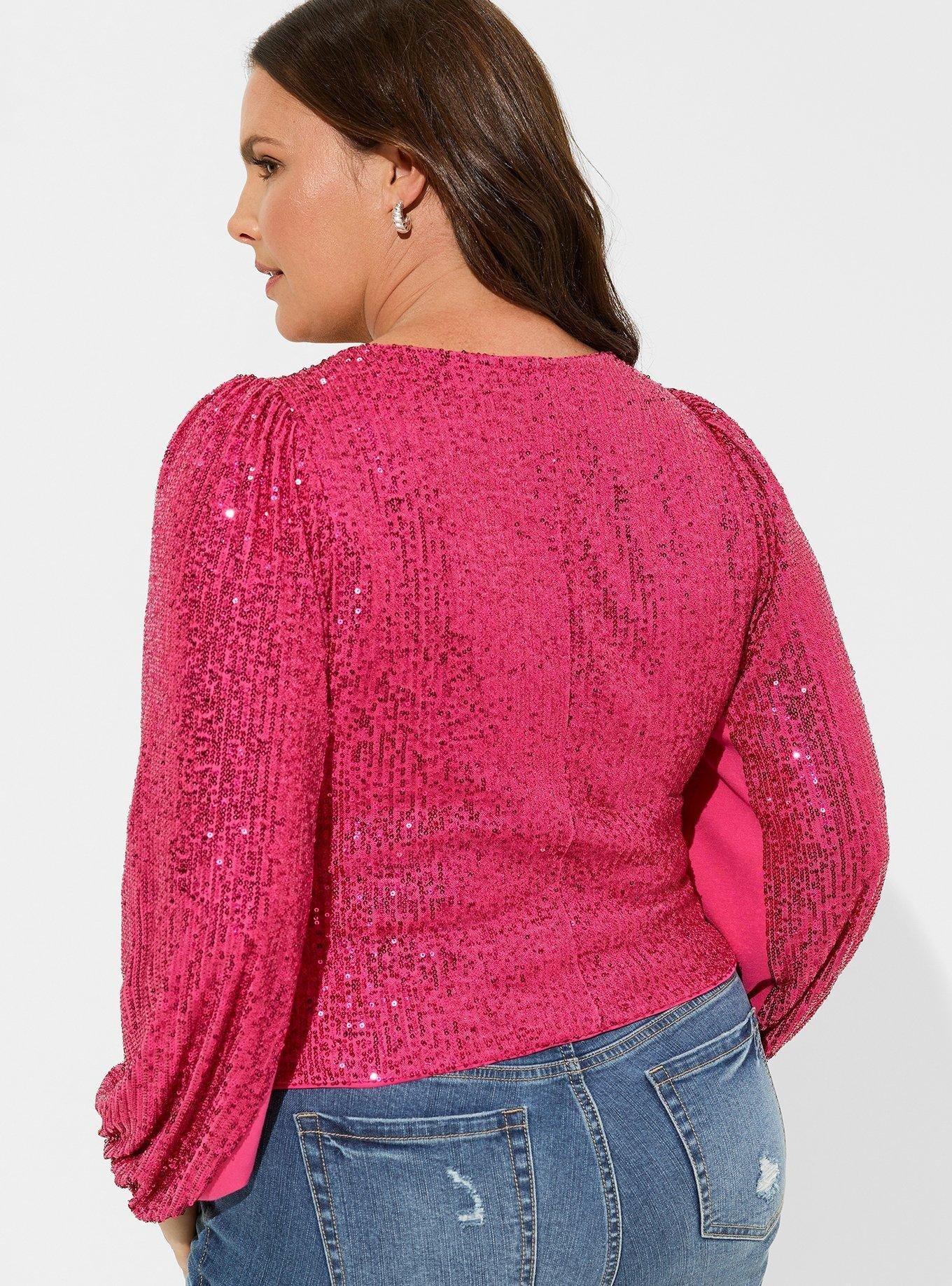 Sequin Deep V-Neck Long Sleeve Blouse, PINK PEACOCK, alternate