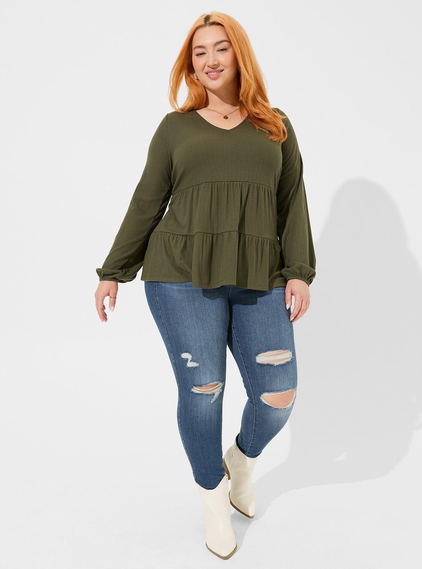 Texture Jersey V-Neck Long Sleeve Tiered Top