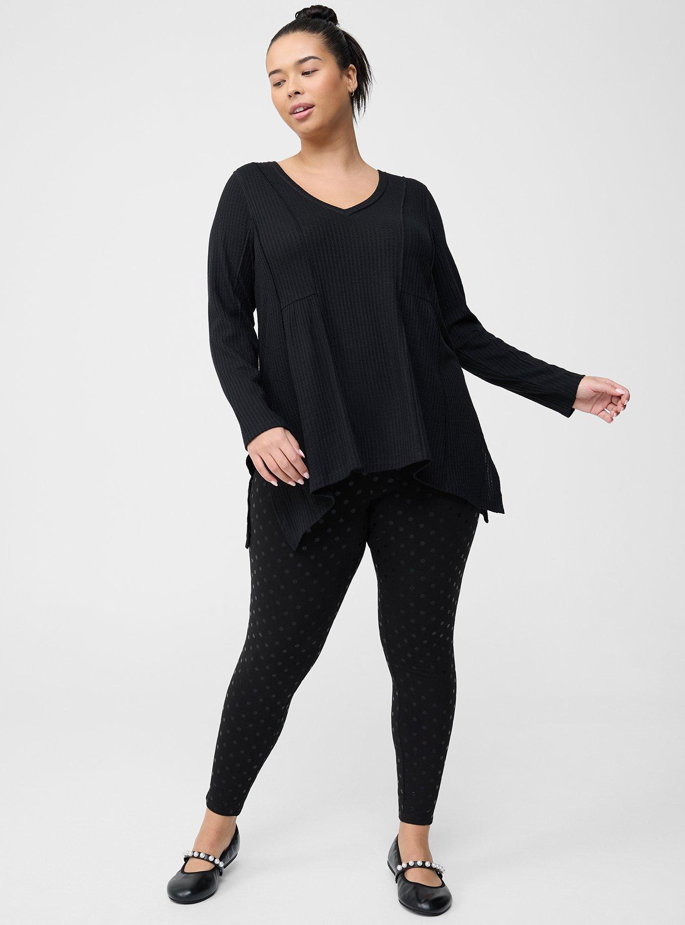 Waffle V-Neck Long Sleeve Sharkbite Top, DEEP BLACK, alternate