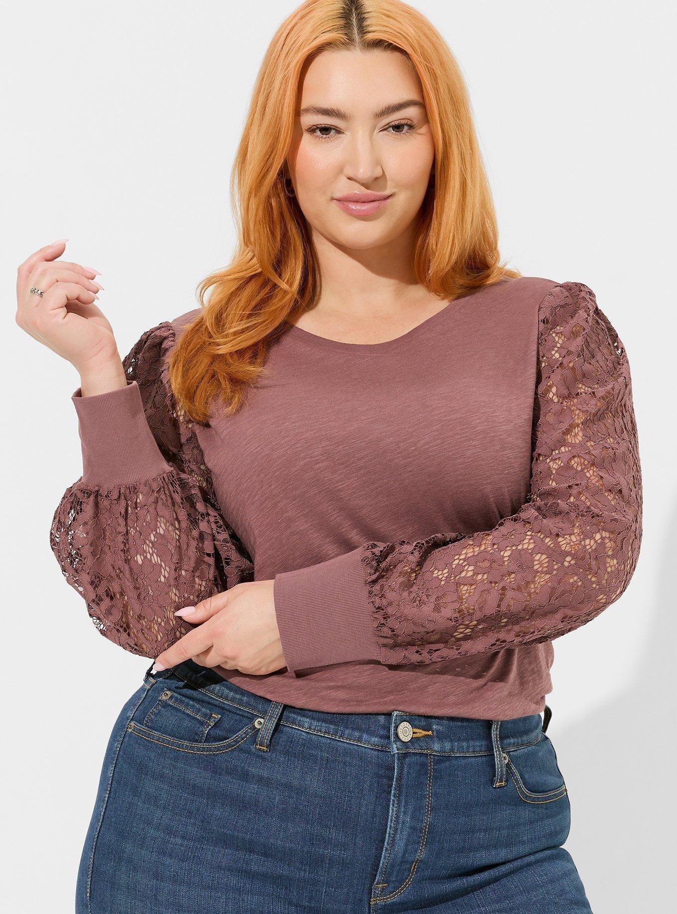 Long-Sleeve Lace Blouse with Crew Neckline, Regular