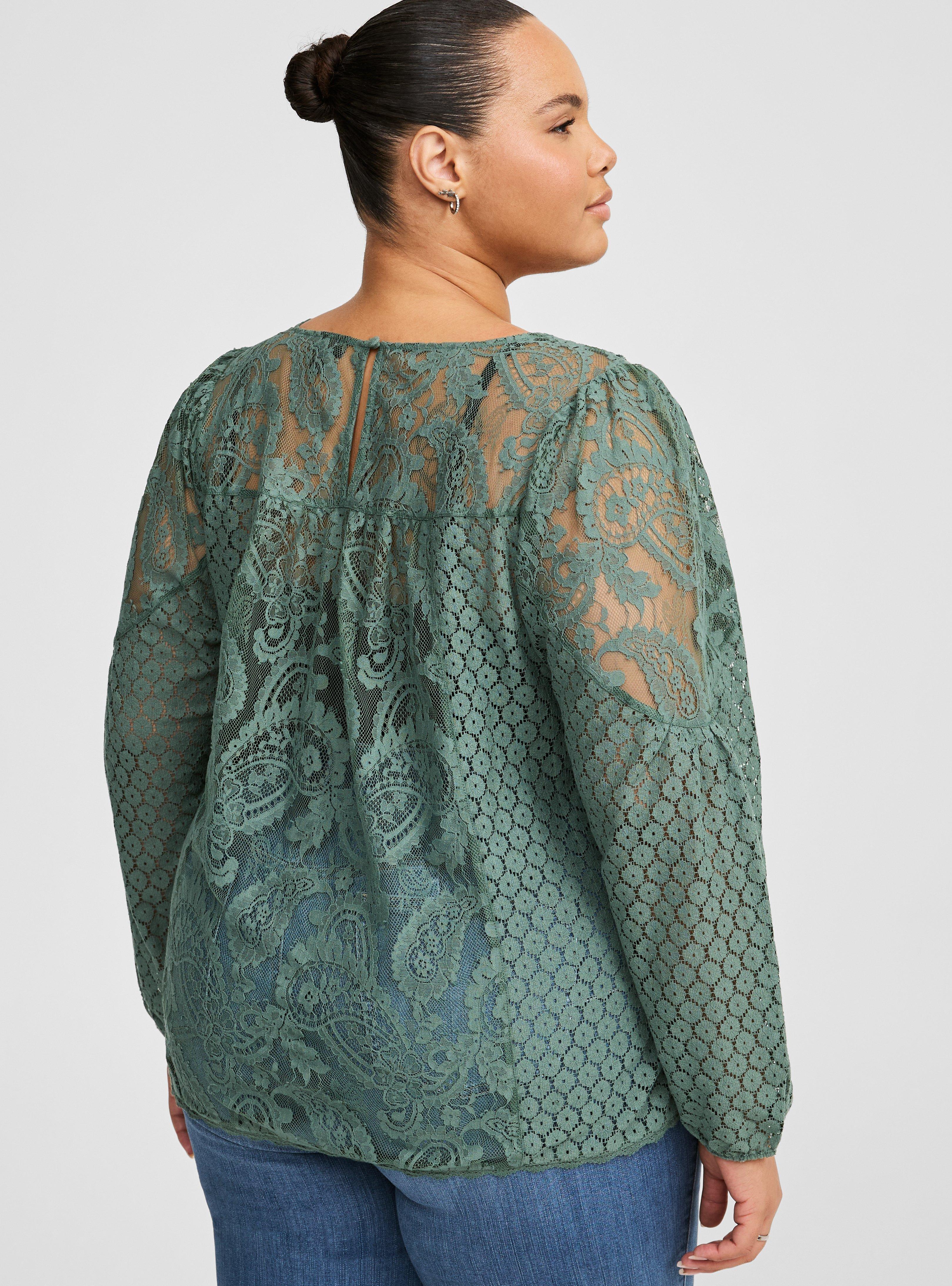 Lace Mix Long Sleeve Blouse, DARK FOREST, alternate