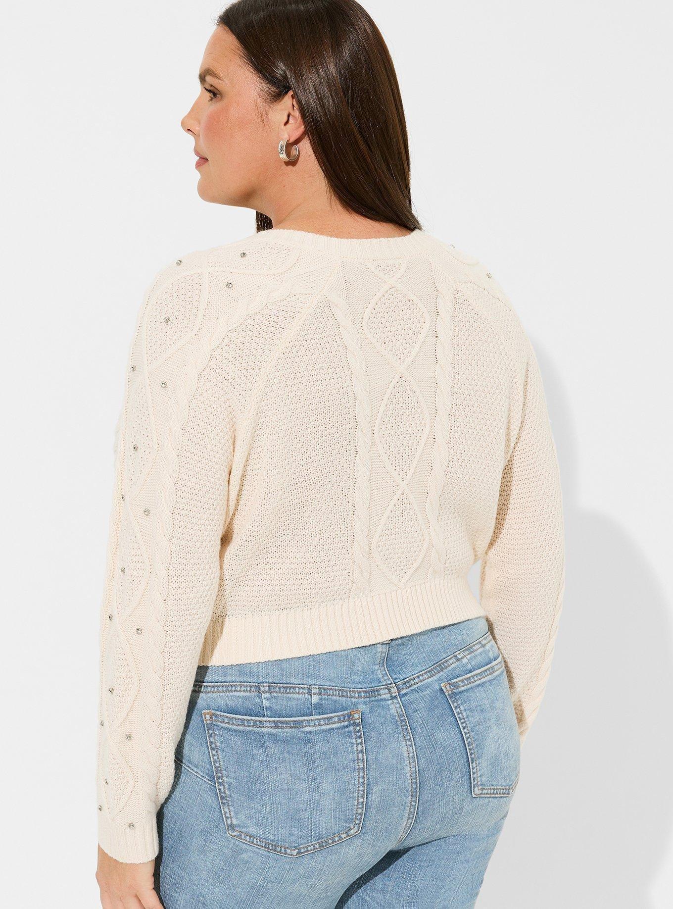Cropped Cable Cardigan Embellished Sweater