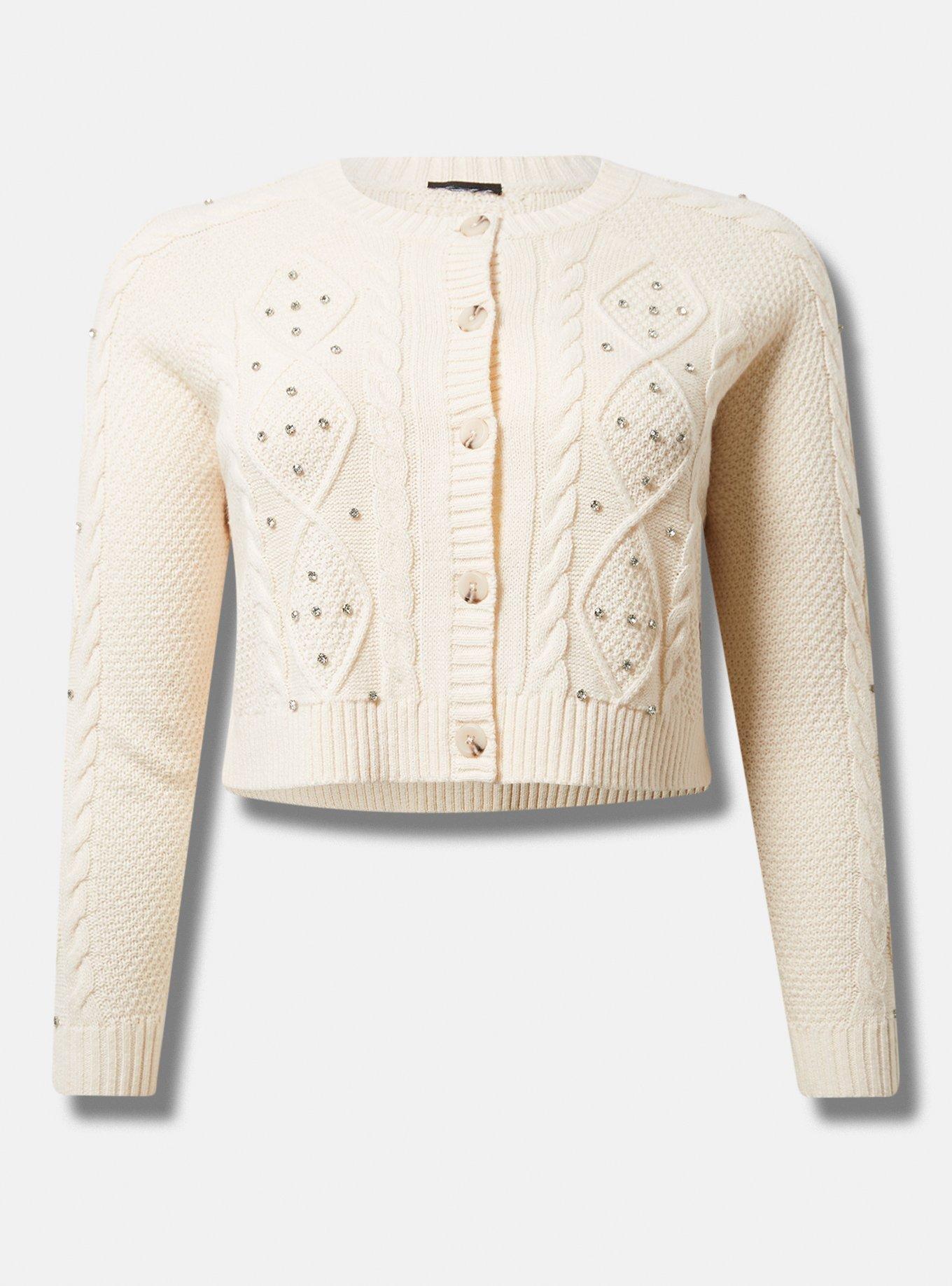 Cropped Cable Cardigan Embellished Sweater