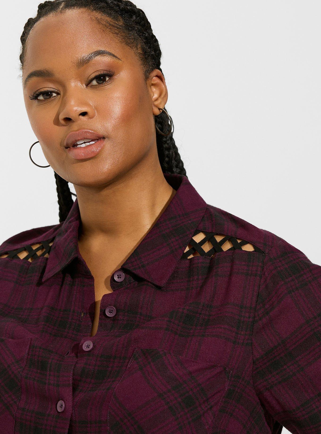 Brushed Acrylic Flannel Button Up Tunic, PLAID PURPLE, alternate