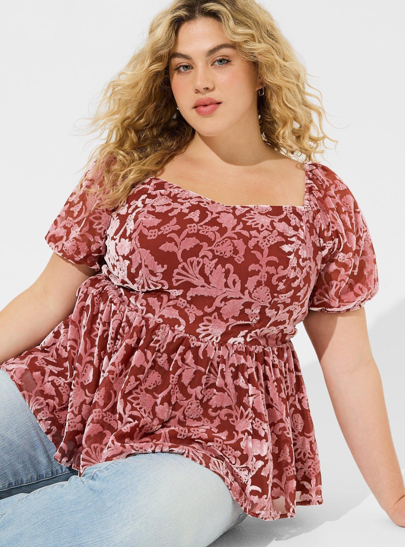 Plus Size - Babydoll Velvet Burnout Short Sleeve Top - Torrid