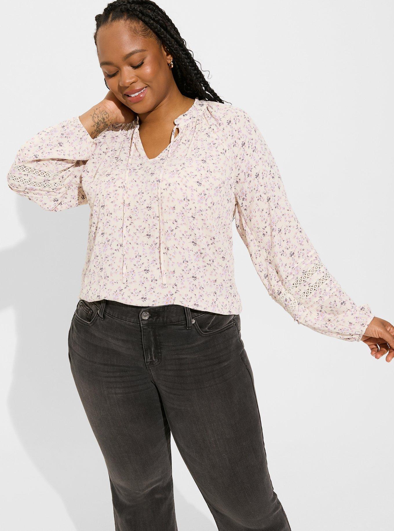 Plus Size - Washable Crinkle Gauze Tie Front Long Sleeve Top - Torrid